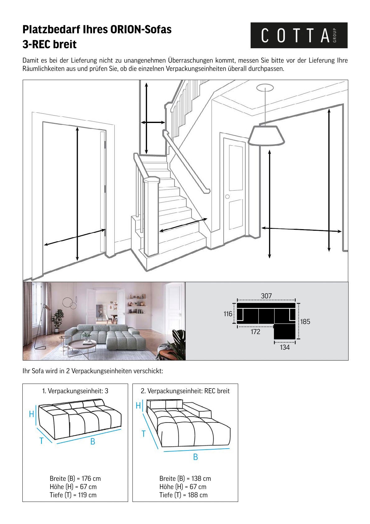 COTTA Ecksofa »Orion L-Form«, mit Recamiere, inkl. verstellbaren Kopfstützen und 3 Kissen