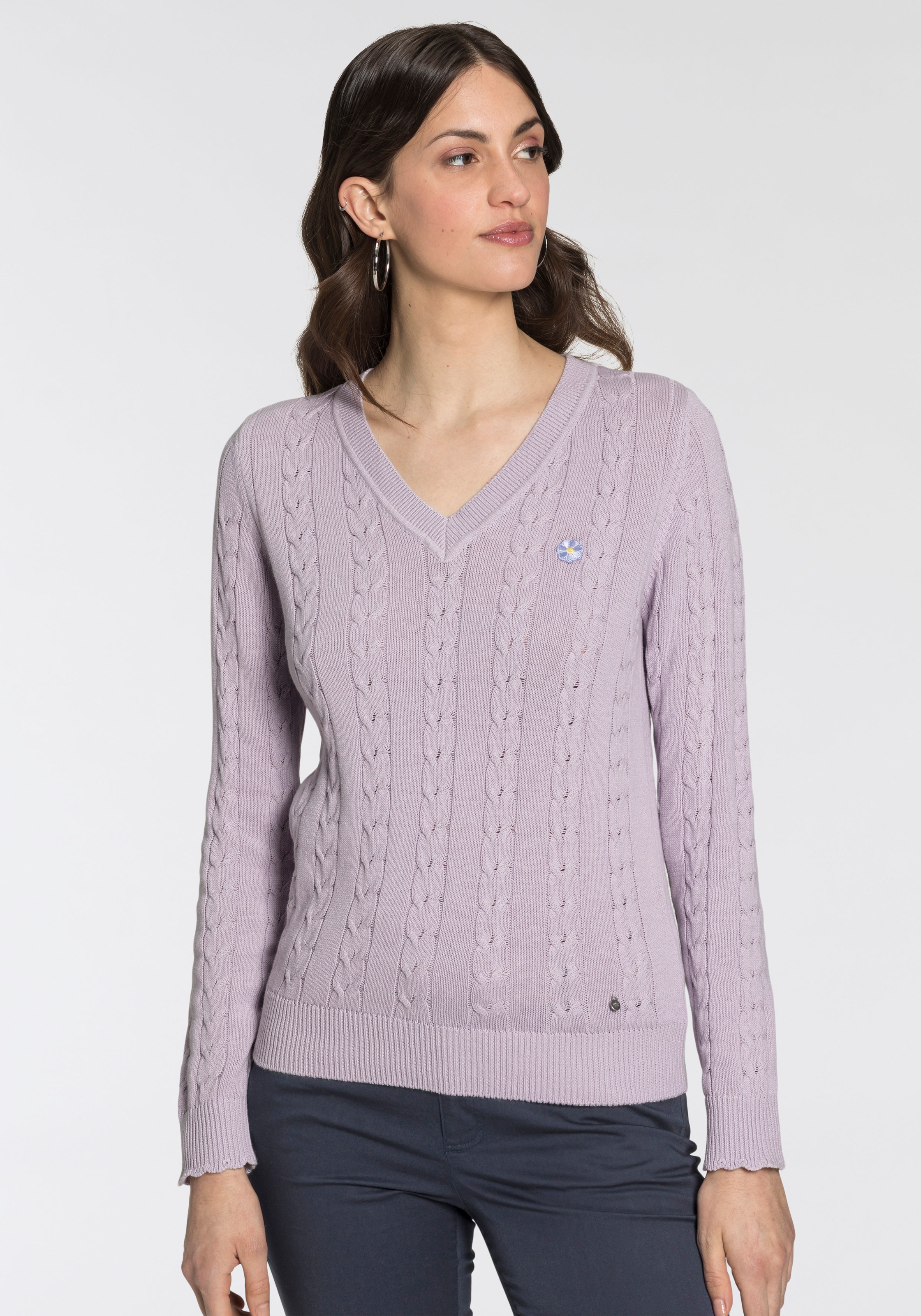 AJC V-Ausschnitt-Pullover, mit Zopfmuster und Stickerei kaufen