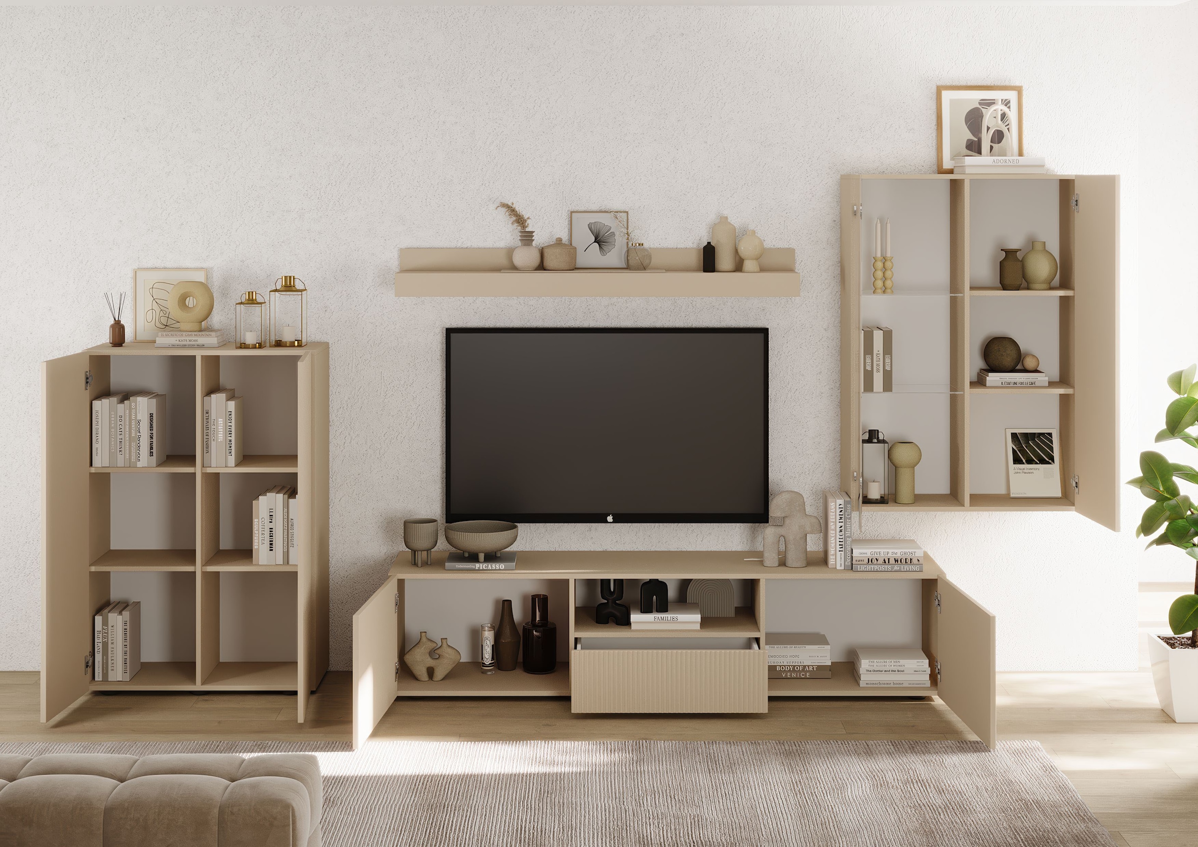 INOSIGN Wohnwand »Rio, 4tlg. Breite 300 cm, modernes, elegantes Wohnzimmer-Set«, (4 St.), (Lowboard, Highboard, Hängevitrine, Wandboard), MDF-Fronten geriffelt
