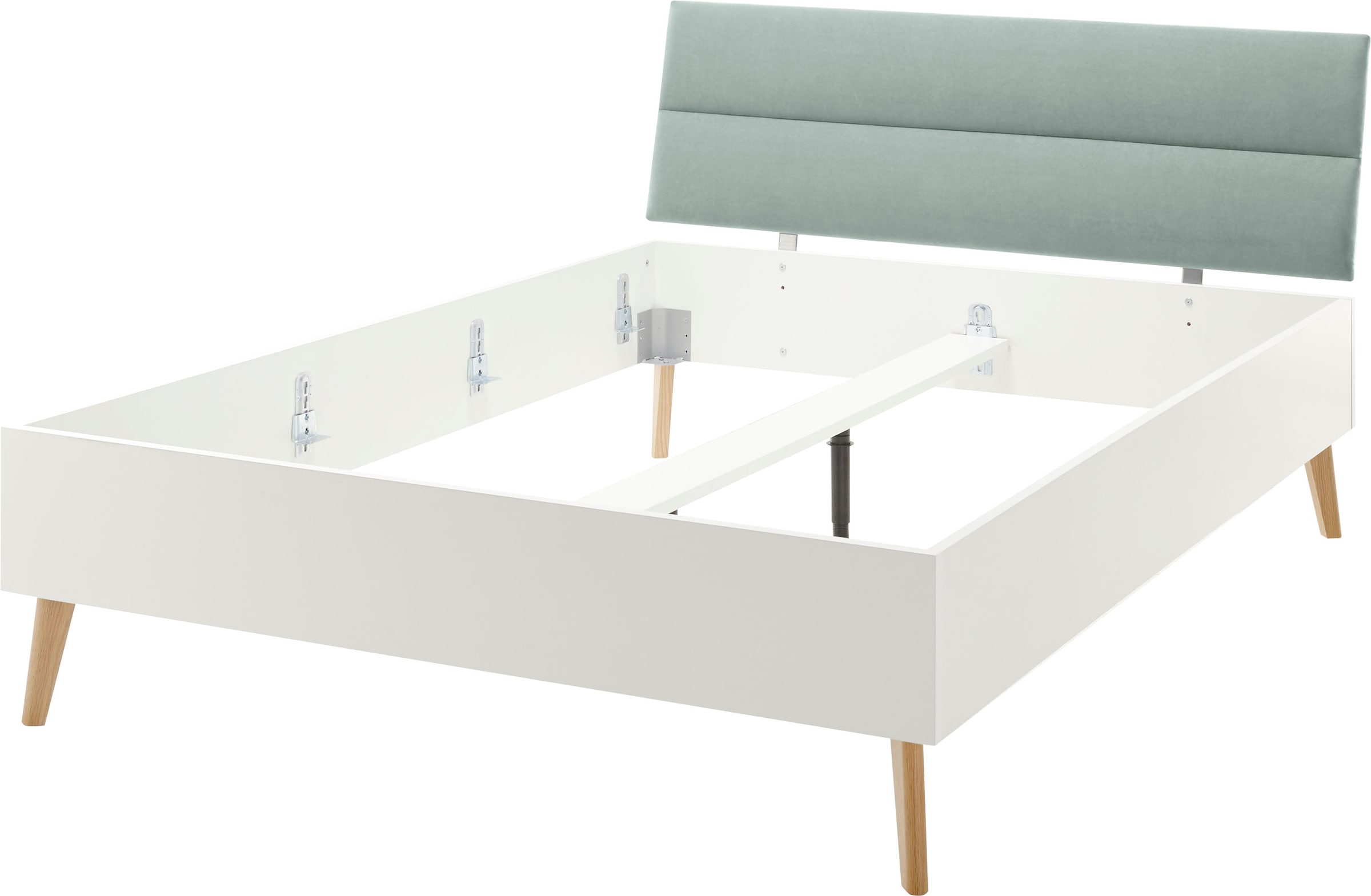 andas Einzelbett »MERLE Bett im skandinavischen Design, Bettgestell mit Massivholzfüssen«, mit gepolstertem Kopfteil, Liegefläche 140x200cm, gesamt:145/200/88cm