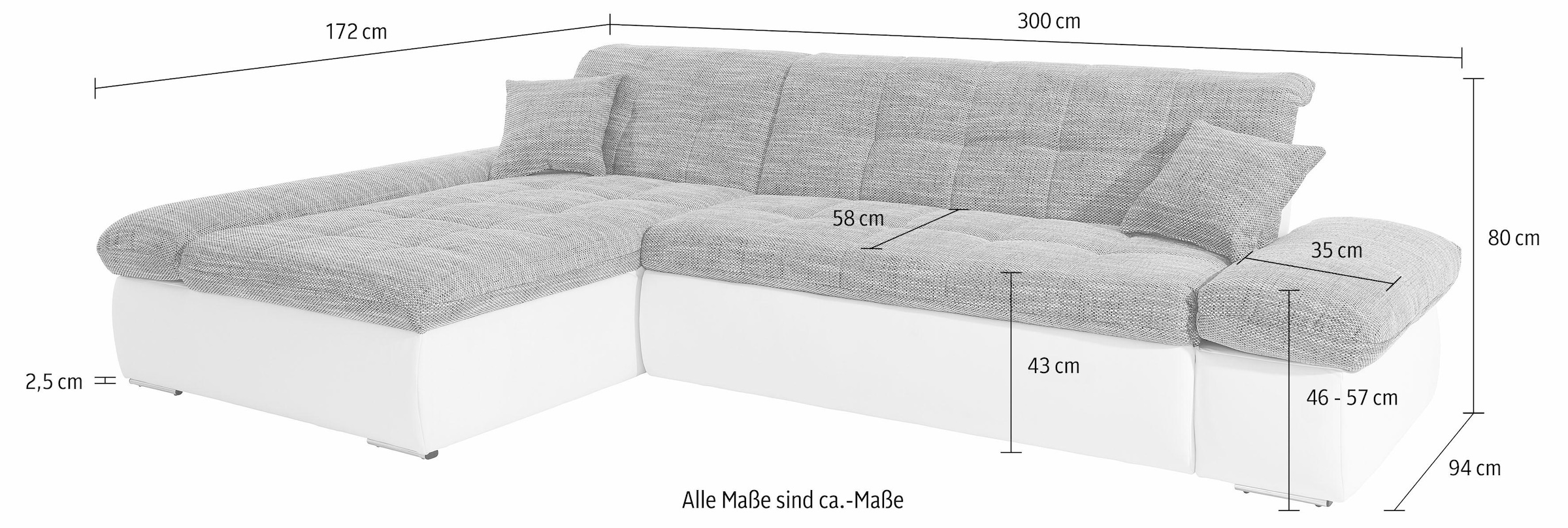 DOMO collection Ecksofa »PB Moric wahlweise mit Bettfunktion + Armteilverstellung, L-Form«, im XXL-Format, B/T/H:300/172/80 cm, feine Steppung