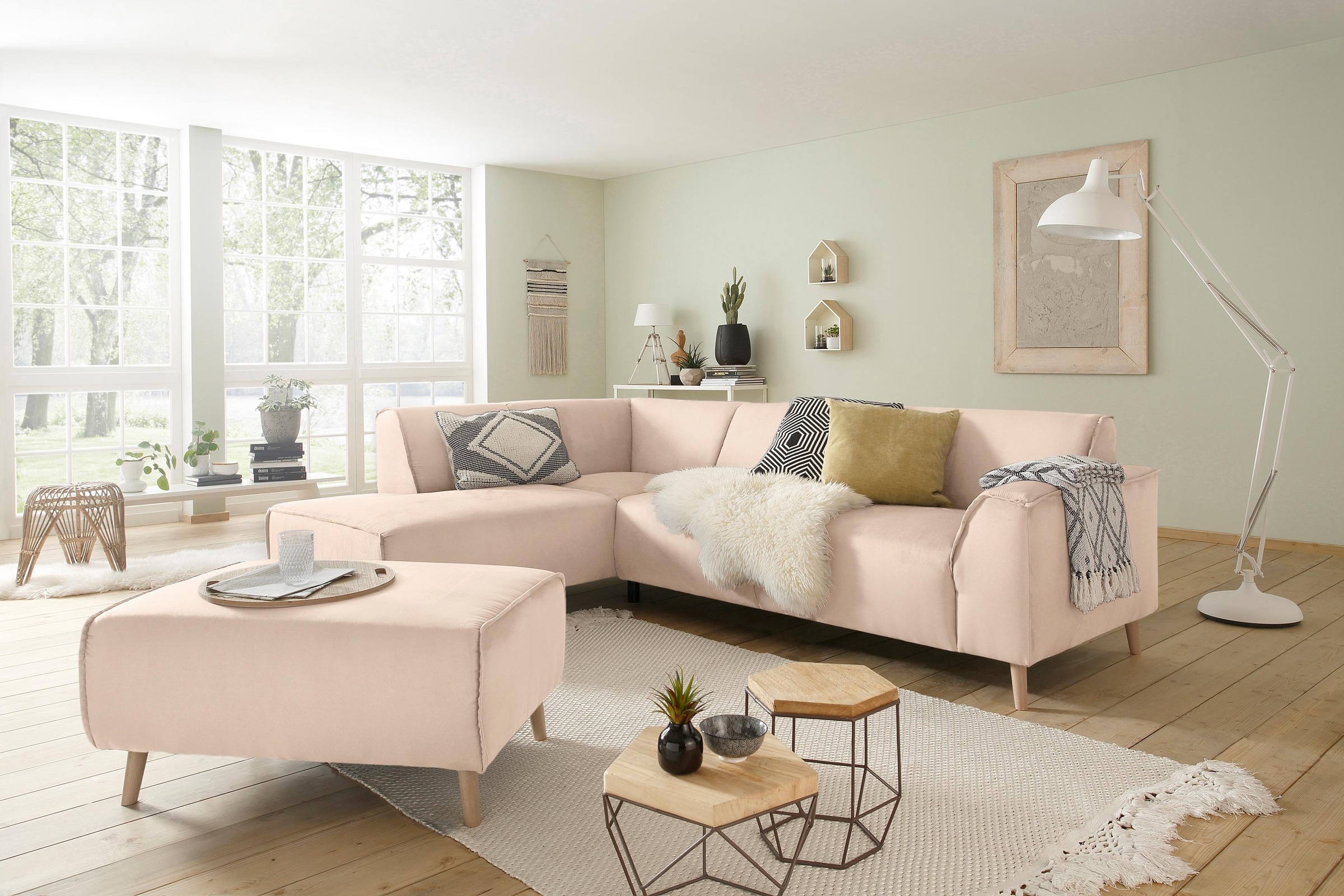 Home affaire Ecksofa »Julia zeitlose und elegante Couch, hoher Sitzkomfort, L-Form«, Federkern-Polsterung, Holzfüsse, Keder