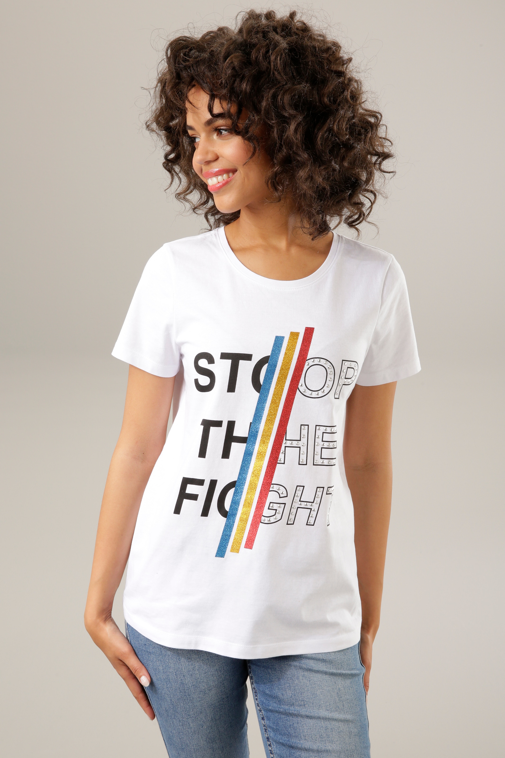 Aniston CASUAL Print-Shirt, bunten Schriftzug bestellen und Glitzerstreifen, Nieten Jelmoli-Versand | mit online