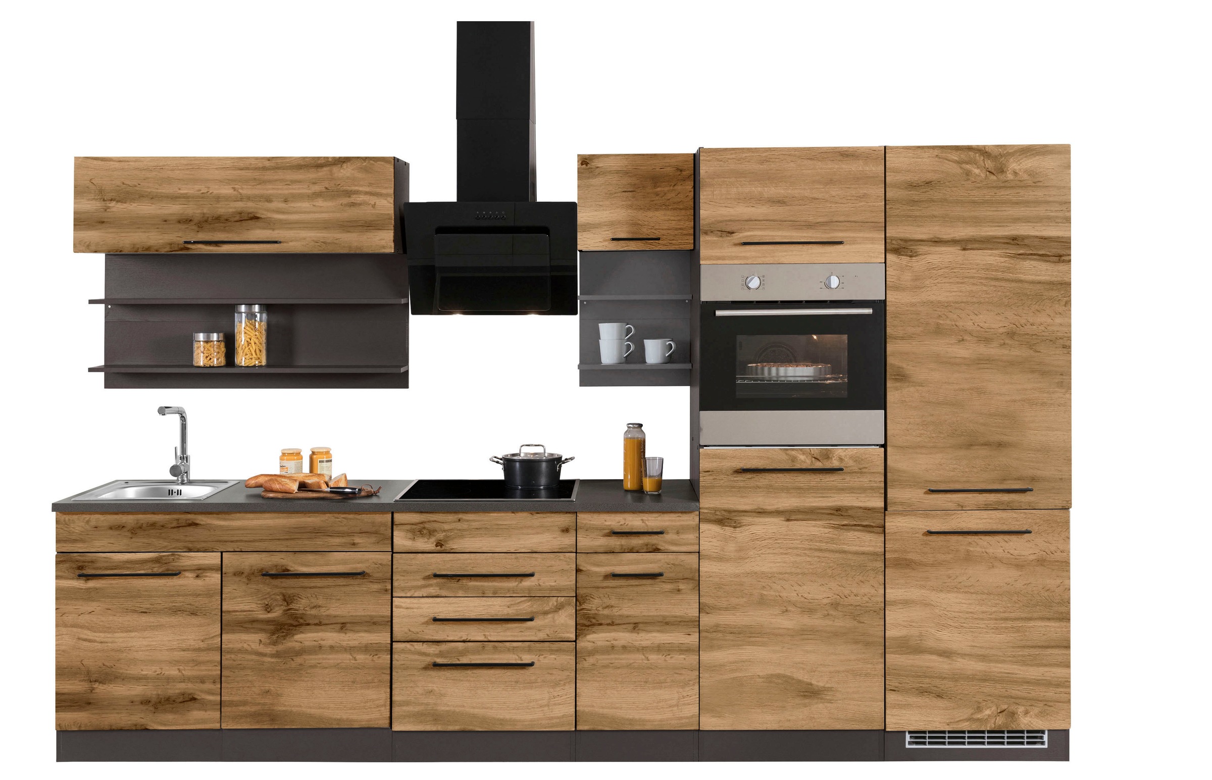 KOCHSTATION Küchenzeile "KS-Tulsa" ohne E-Geräte, Breite 330 cm, schwarze Metallgriffe, MDF Fronten