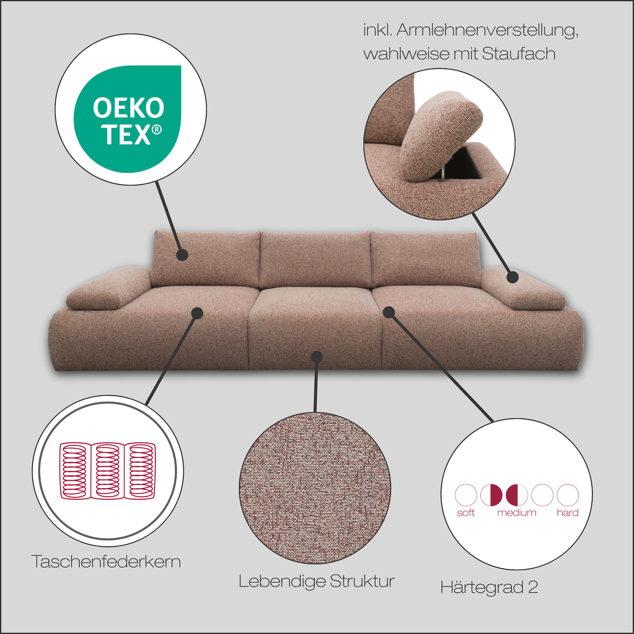 DOMO collection Big-Sofa »Évora Megasofa Breite 324 cm«, (3 St.), Federkern, inkl. Armlehnenverstellung, Struktur grob, rust