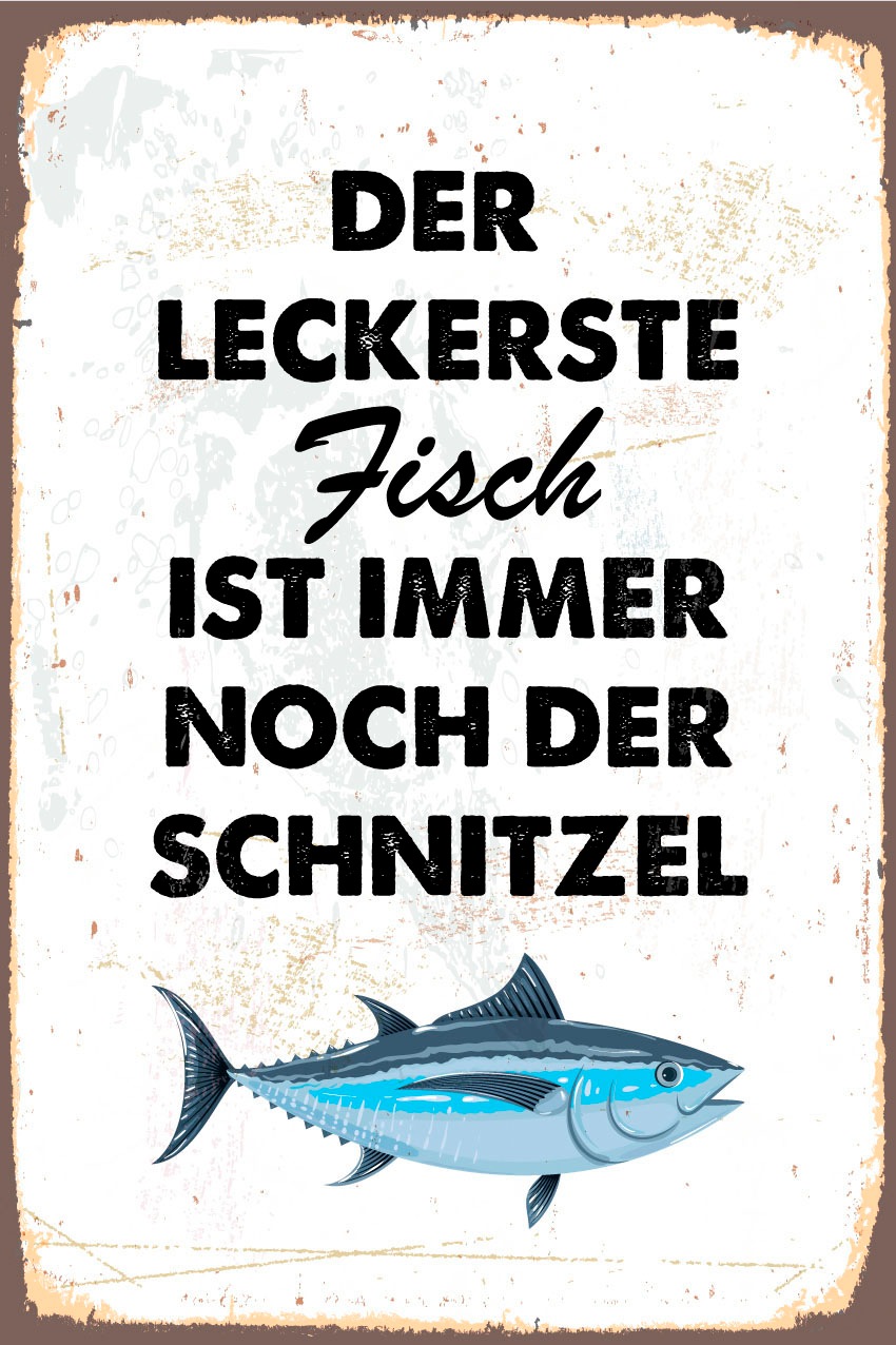 queence Metallbild »Schnitzelfisch«, Schriftzüge-Schriftzug-Sprüche-Sprüche & Texte-Tiere, (1 St.), Stahlschilder