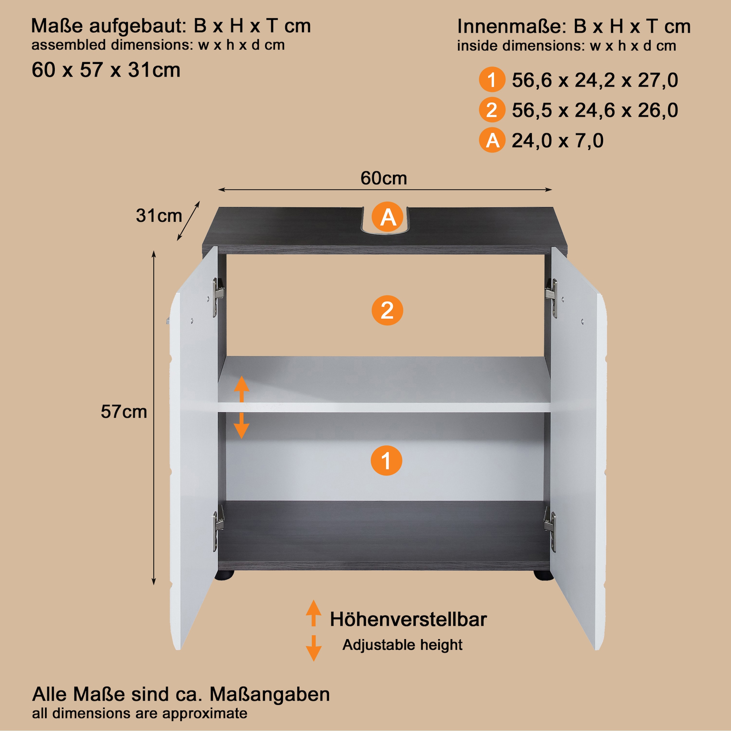 welltime Waschbeckenunterschrank »Sovana«, Waschbeckenunterschrank mit 2 Türen - (B/T/H) 60/31/57 cm