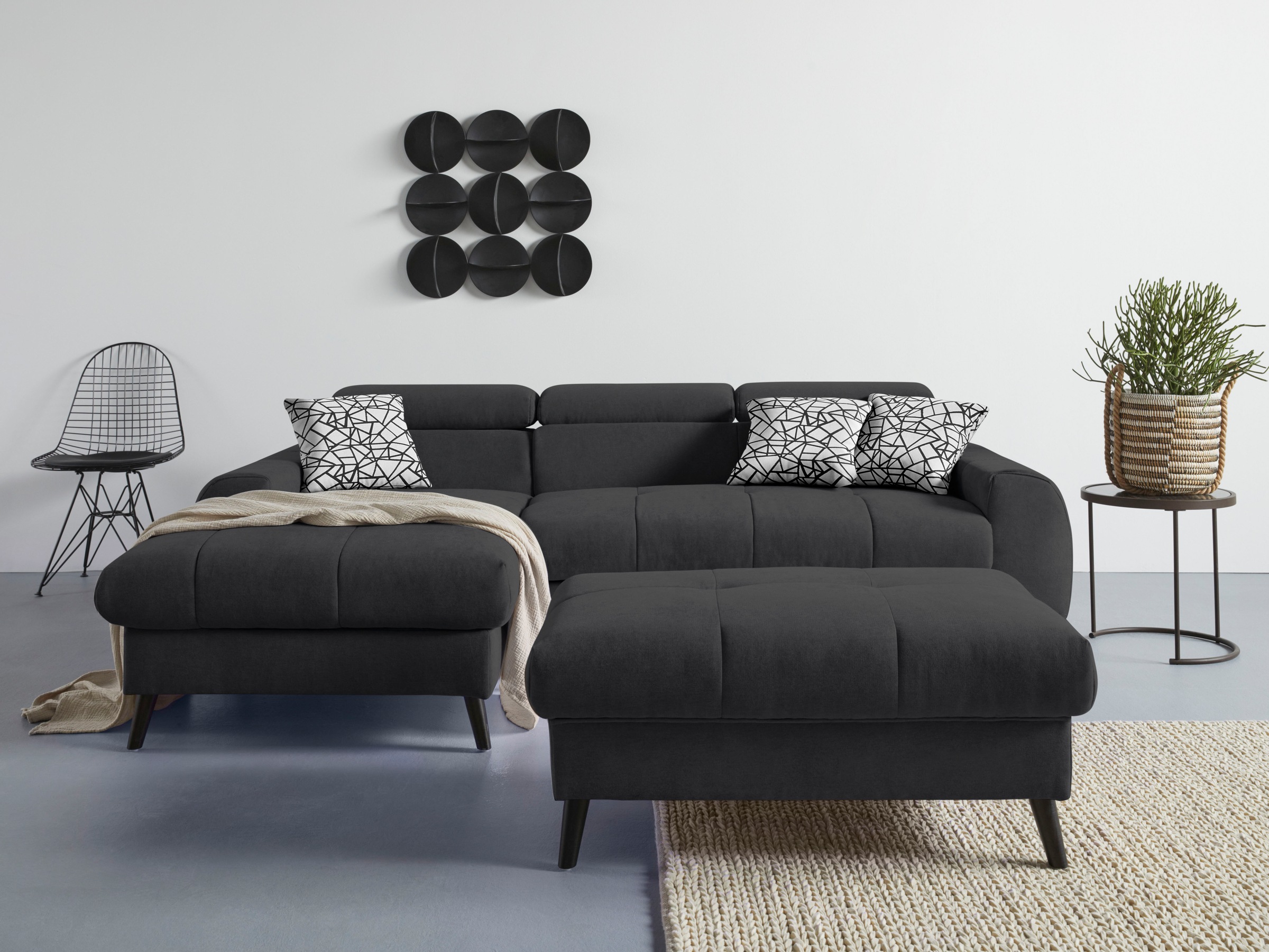 COTTA Ecksofa »Mia L-Form mit 3 Zierkissen«, wahlweise mit Bettfunktion, Bettkasten, Beleuchtung & Wireless-Charger