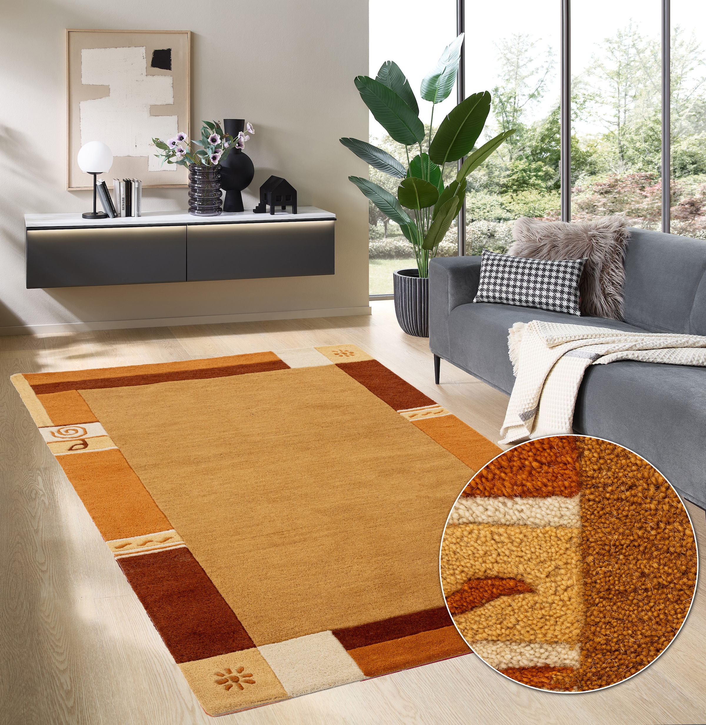 THEKO Wollteppich »Tromso, Wolle, handgearbeitet, Bordüre mit Hoch-Tief-Effekt«, rechteckig, 15 mm Höhe, Wohnzimmer, Schlafzimmer, Esszimmer