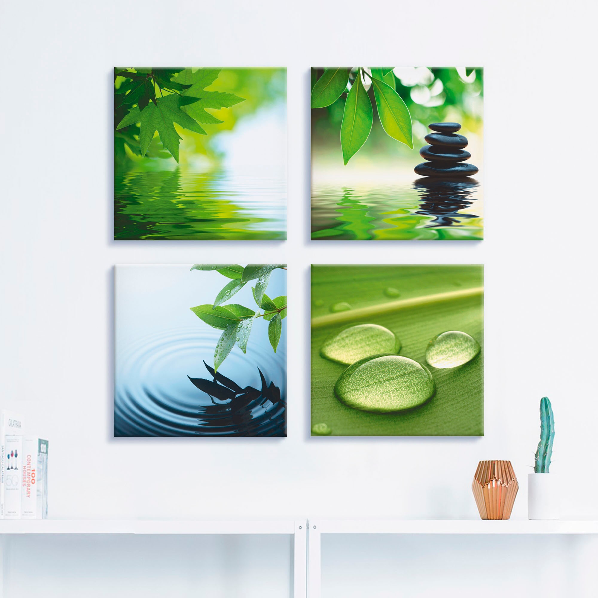 Artland Leinwandbild »Blätter Wasser Zen Steinpyramide Tropfen«, Zen, (4 St.), 4er Set, verschiedene Grössen