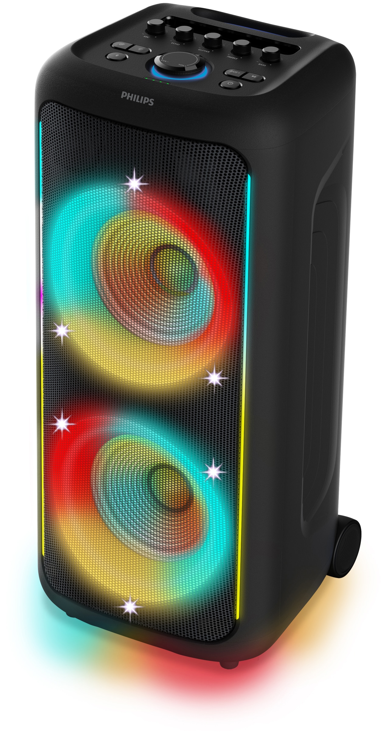 Philips Party-Lautsprecher "TAX5000E" Stereo (Bluetooth Bass- und Lautstärkeregelung Beleuchtungseffekte Extra Bass Kabellos Karaoke-fähig Lautstärkeanpassung Sprachsteuerung über das Smartphone USB-Aufnahme 100 W)