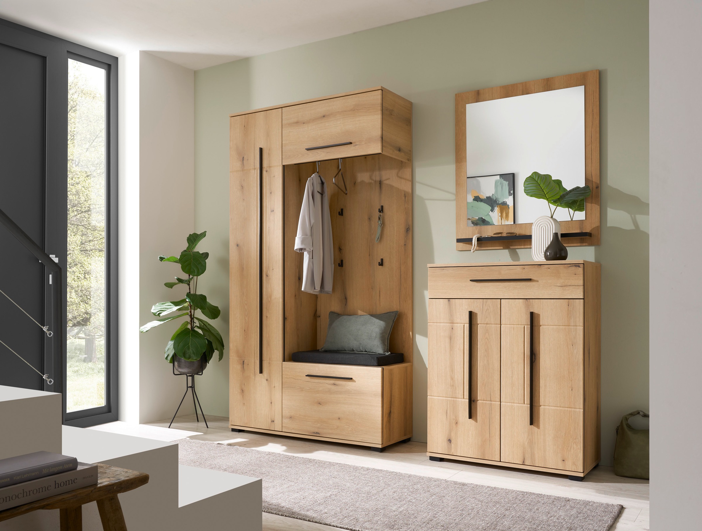 Home affaire Kompaktgarderobe "Cantara Flurgarderobe, modern, 2 Farben, 111 cm breit" 2 Stk. tlg. unterschiedliche Stauraummöglichkeiten, inkl. Sitzkissen
