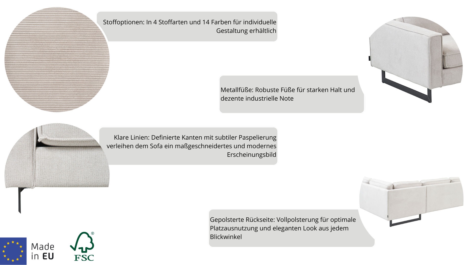 Places of Style 3-Sitzer »Pinto«, Maxi-Ausführung, mit Keder und Metallfüssen, auch mit Cord Bezug