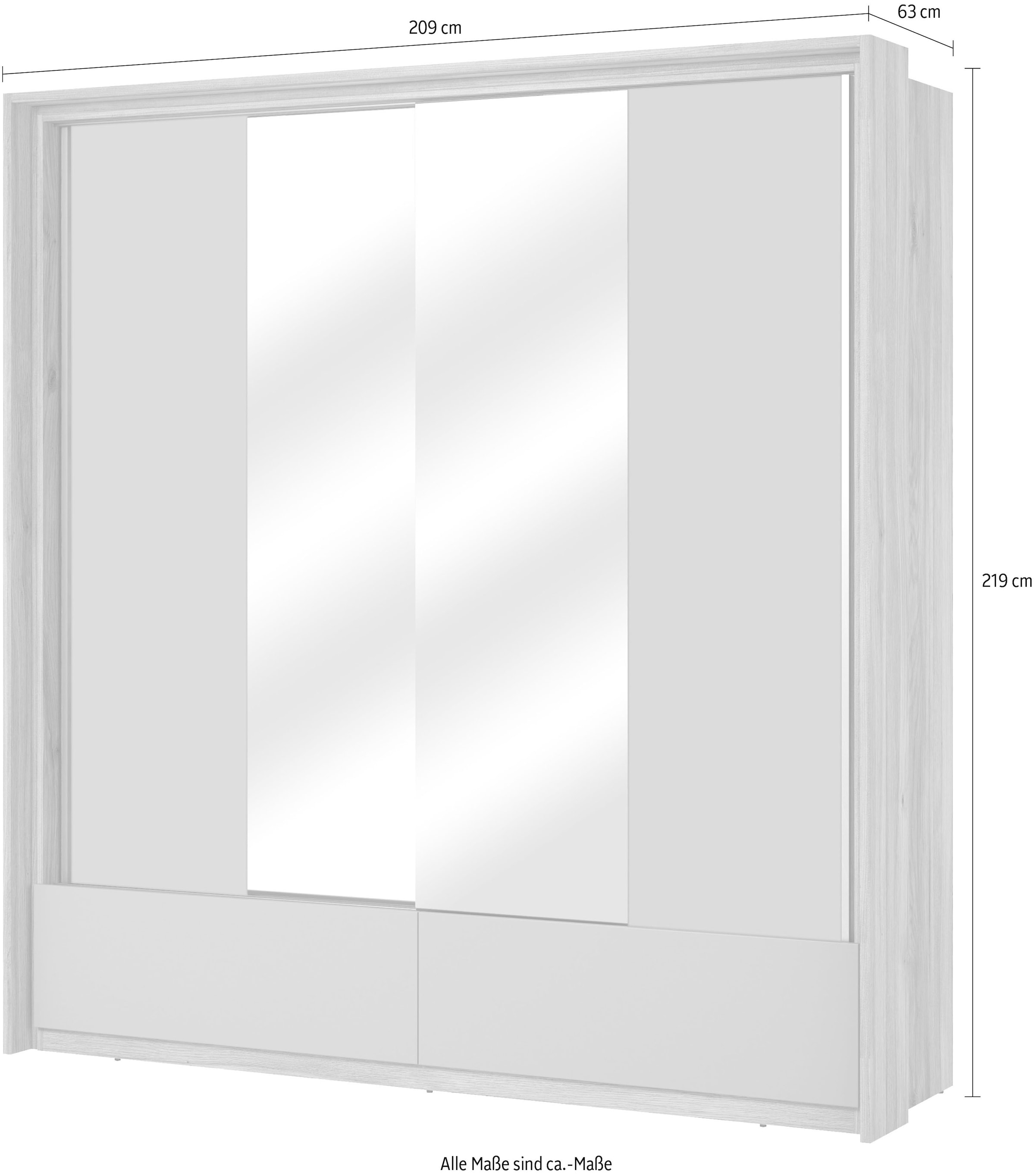 Home affaire Schwebetürenschrank »Wharton, Breite 159 oder 209 cm, Kleiderschrank incl. Innenausstattung«, Wäscheschrank, 2 Schubkästen, 2 Spiegel, Metallgriffe, Garderobe