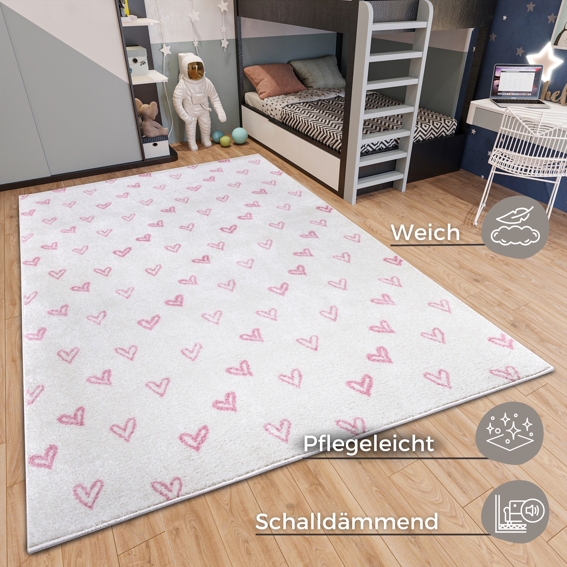 HANSE Home Kinderteppich »Adventures Hearts«, rechteckig, 7 mm Höhe, Spielteppich, fest, Kinderzimmer, Kurzflor, Spielunterlage