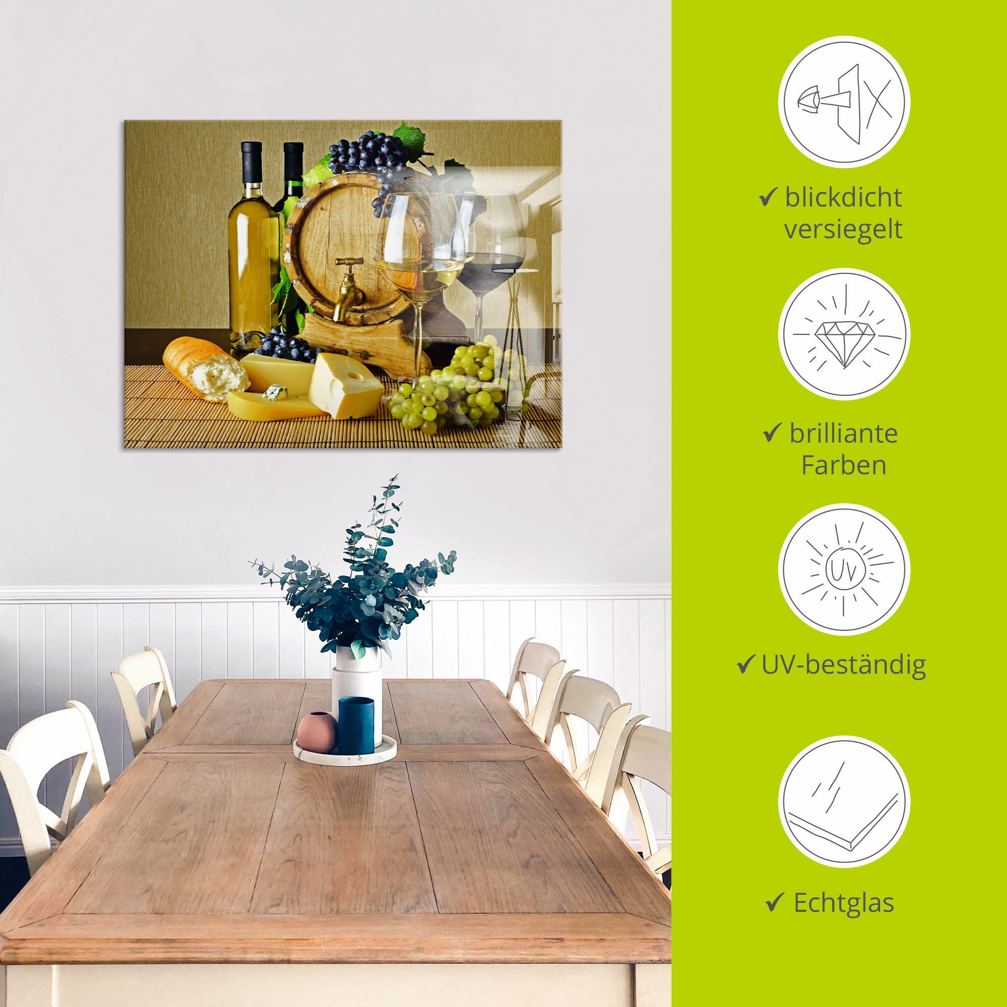 Artland Glasbild »Käse, Wein und Trauben«, Lebensmittel, (1 St.), in verschiedenen Grössen