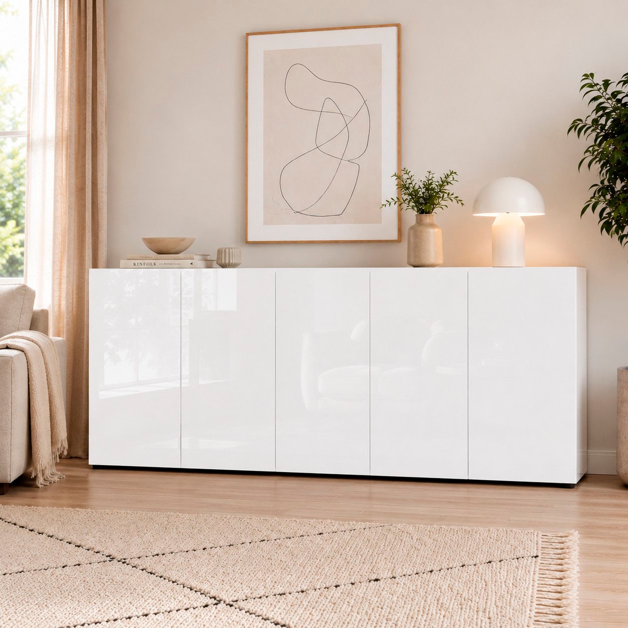 Home affaire Sideboard "MISTER – Schrank, Kommode, 225 cm breit, 80 cm hoch, Made in Italy" komplett Hochglanz lackiert, 5 Türen, 6 Fächer