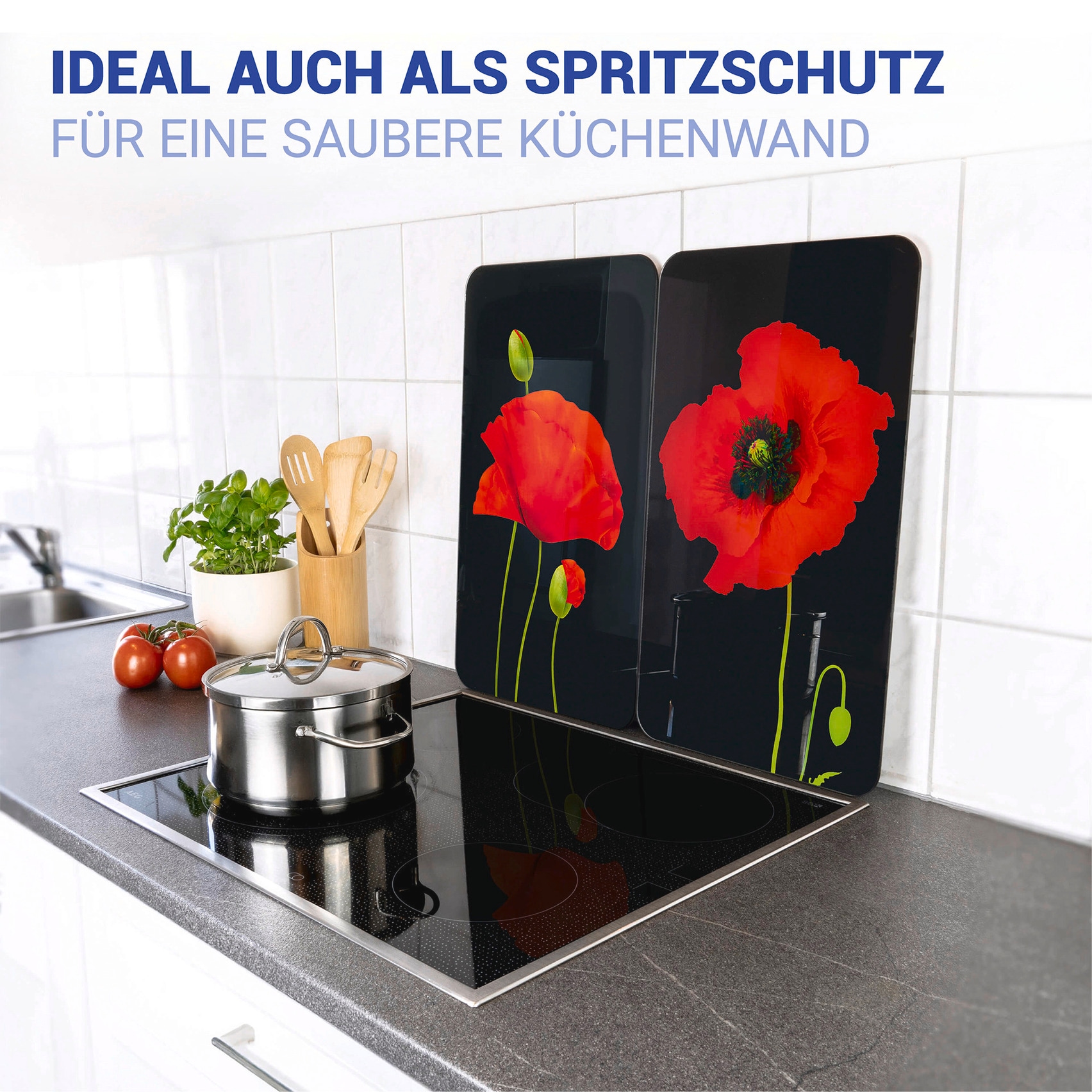 WENKO Herd-Abdeckplatte »Universal Modell Mohn«, (Set, 2 tlg.), Herdabdeckung für alle Herdarten, kratzfest, mit rutschfesten Füssen