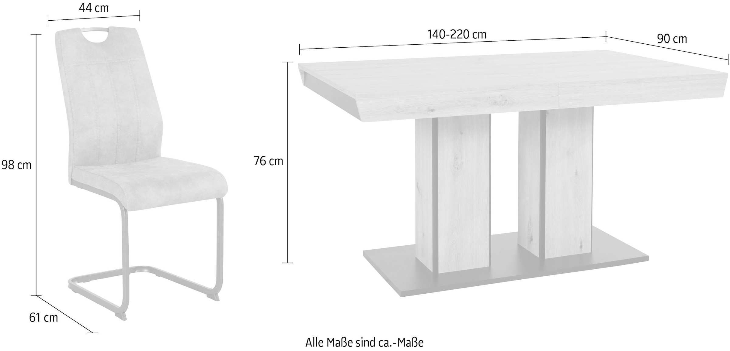 HELA Essgruppe »Agnes Esstisch ausziehbar, Tisch ausziehbar 140 -220 cm,«, (Set, 5 tlg.), Belastbarkeit 140 KG, bequem gepolstert mit Griff