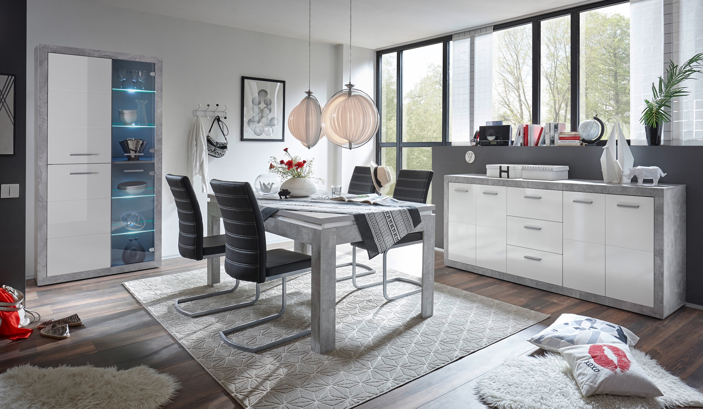 HBZ Sideboard »Stone weiss Hochglanz, Wohnzimmerschrank BxHxT 206x90x45 cm«, (1 St.), Mit 4 Türen, 3 geräumigen Schubkästen, 2 Einlegeböden verstellbar