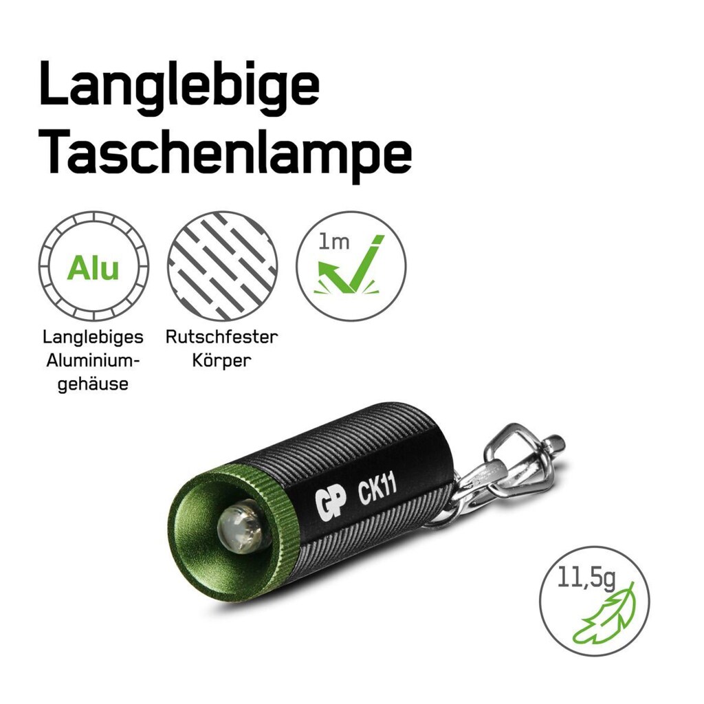 GP Batteries Taschenlampe »GP Discovery CK11, LED Schlüsselbund«, 10 Lumen, inkl. 4x LR41 Batterie, Metallgehäuse, IPX4, Leuchtzeit 5h