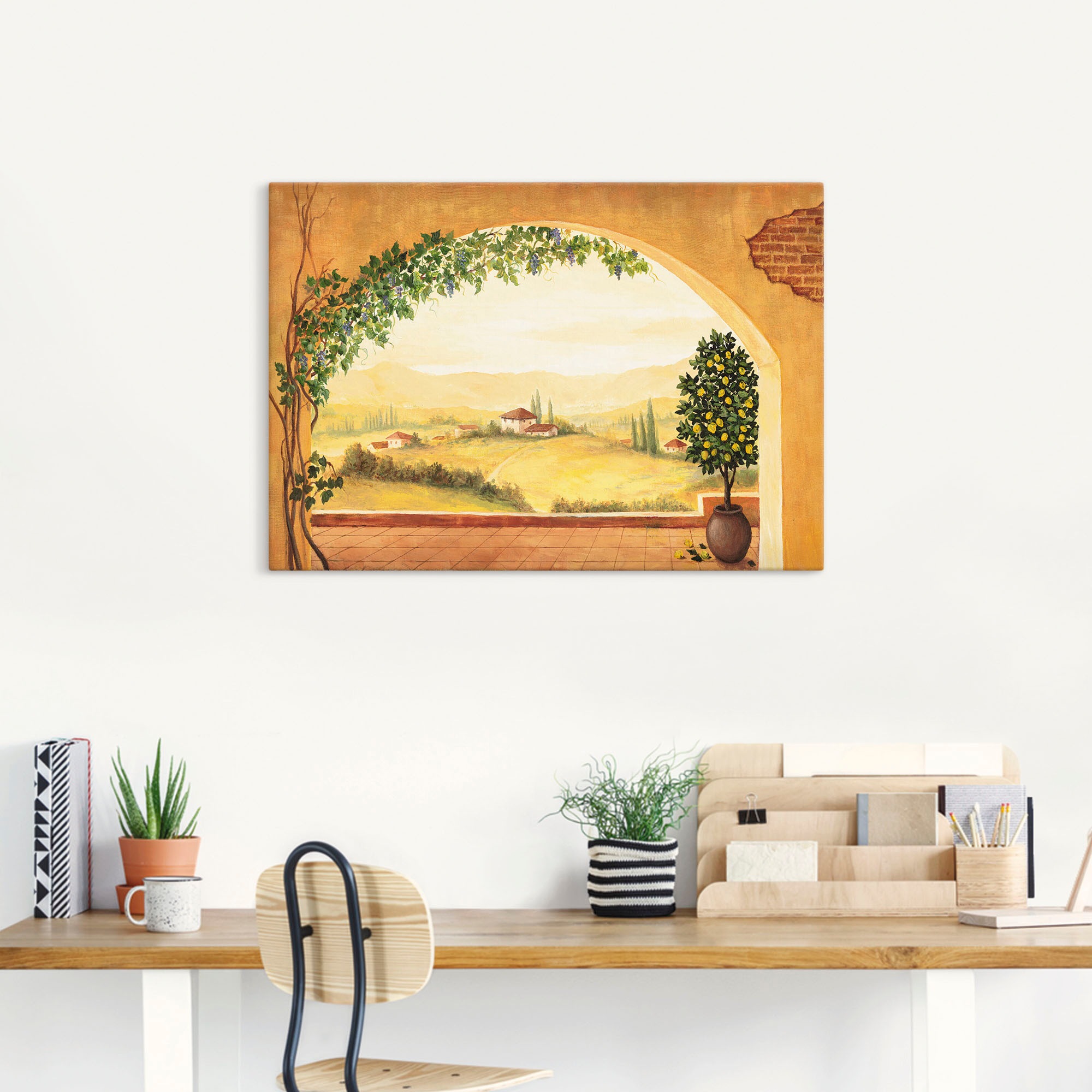 Artland Wandbild »Weinranken vor der Toskanalandschaft«, Fensterblick, (1 St.), als Leinwandbild, Poster in verschied. Grössen
