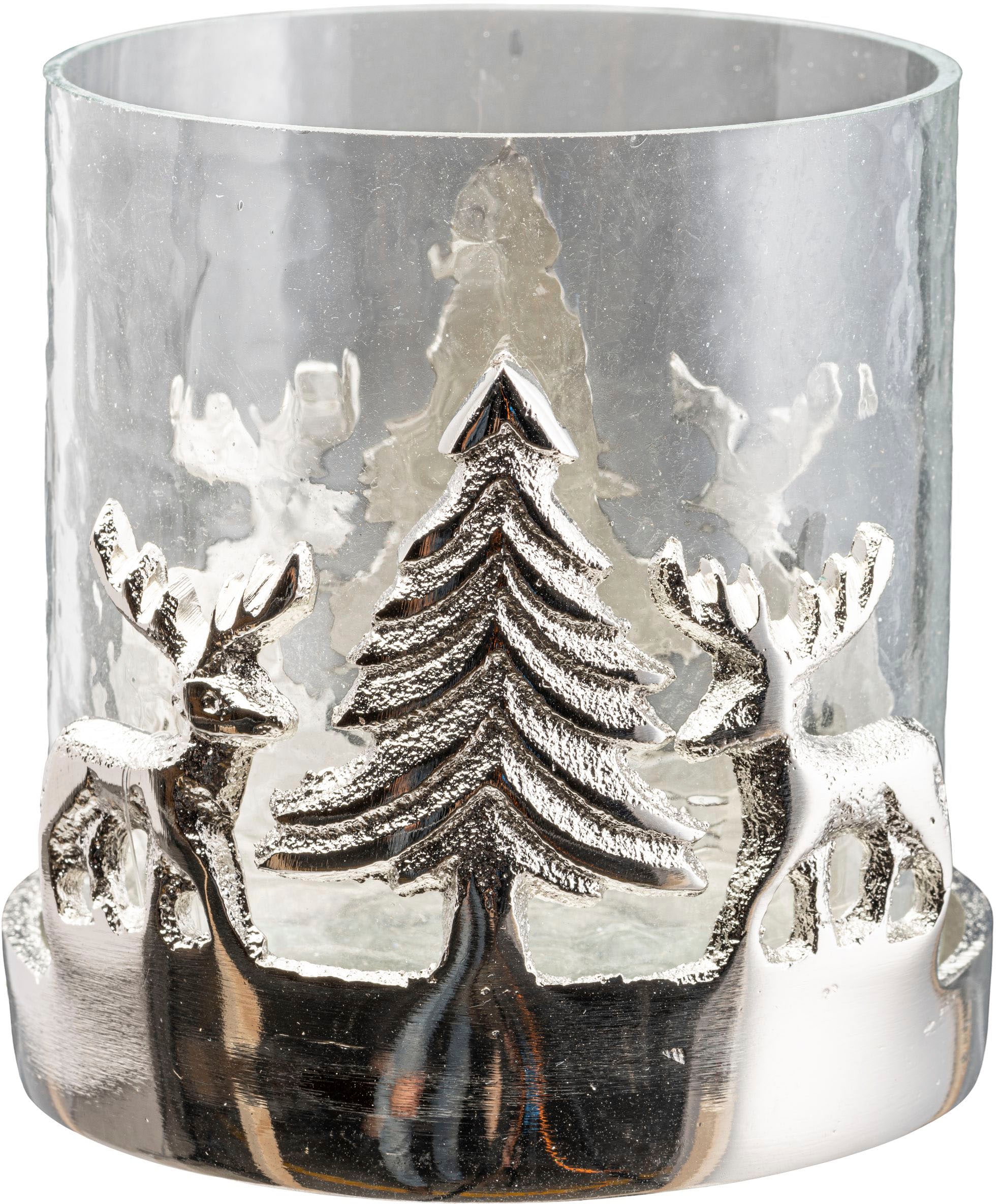 Creativ home Windlicht »Kerzenhalter Weihnachtslandschaft, mit Baum und Reh«, (Set, 2 St.), Teelichthalter, Weihnachtsdeko mit Hirsch und Tanne, Höhe 10 + 15 cm