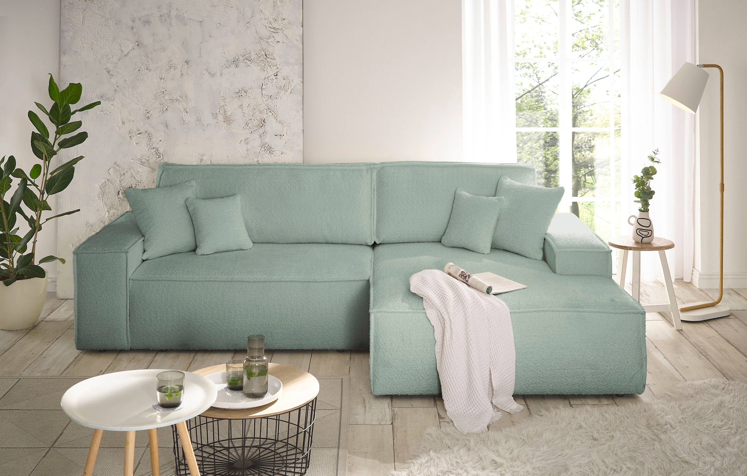 andas Ecksofa »Finnley Schlafsofa 267 cm in Bouclé, Struktur fein u. Cord, L-Form,«, Schlaffunktion m. Bettkasten (136/210 cm), Bouclé, Struktur und Cord