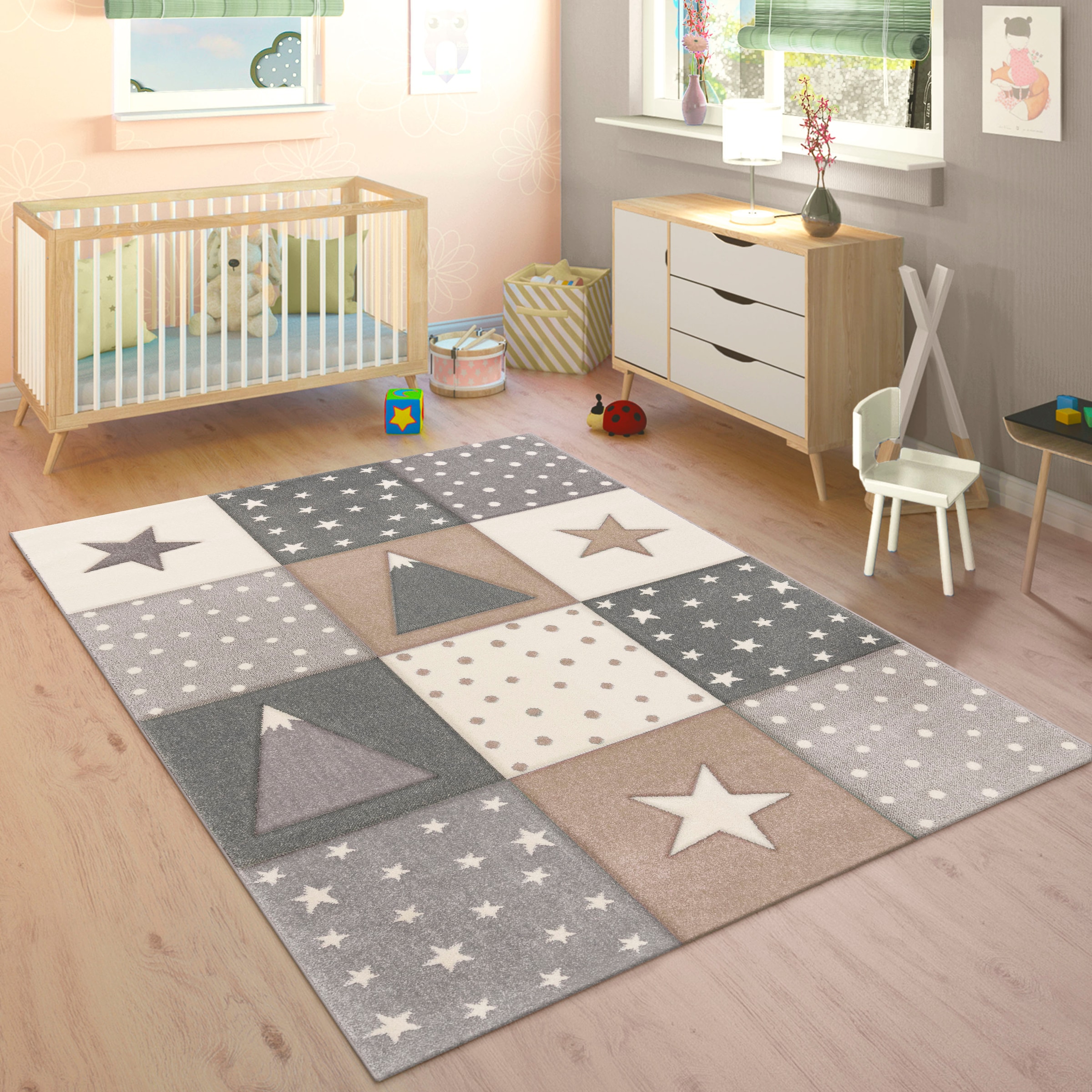Paco Home Kinderteppich »Cosmo 340«, rechteckig, 17 mm Höhe, Kurzflor, Pastell-Farben, 3D Effekt, Motiv Berge, Punkte & Sterne