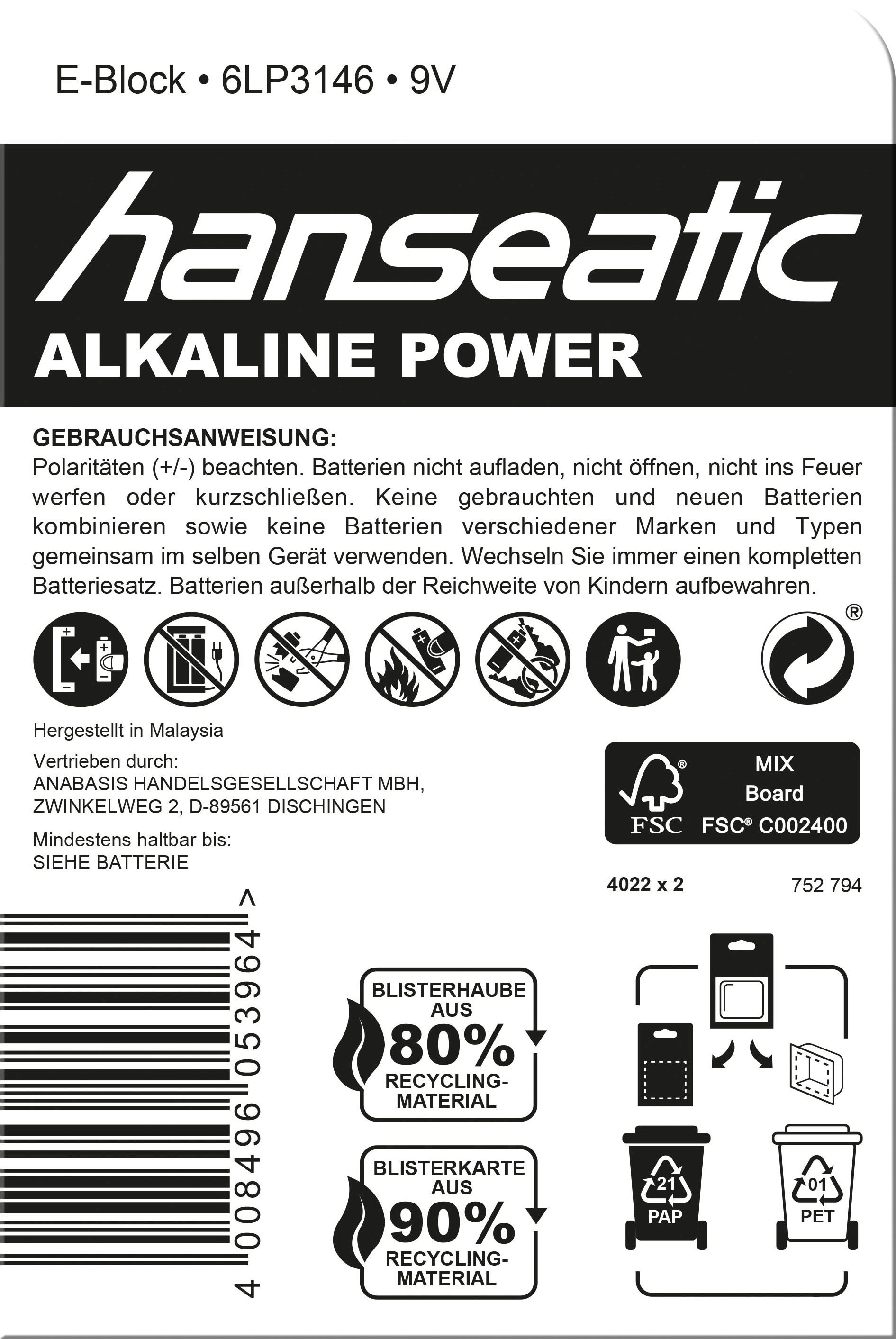 Hanseatic Batterie »10 Stück Alkaline E-Block«, 9 V, (Set, 10 St.)