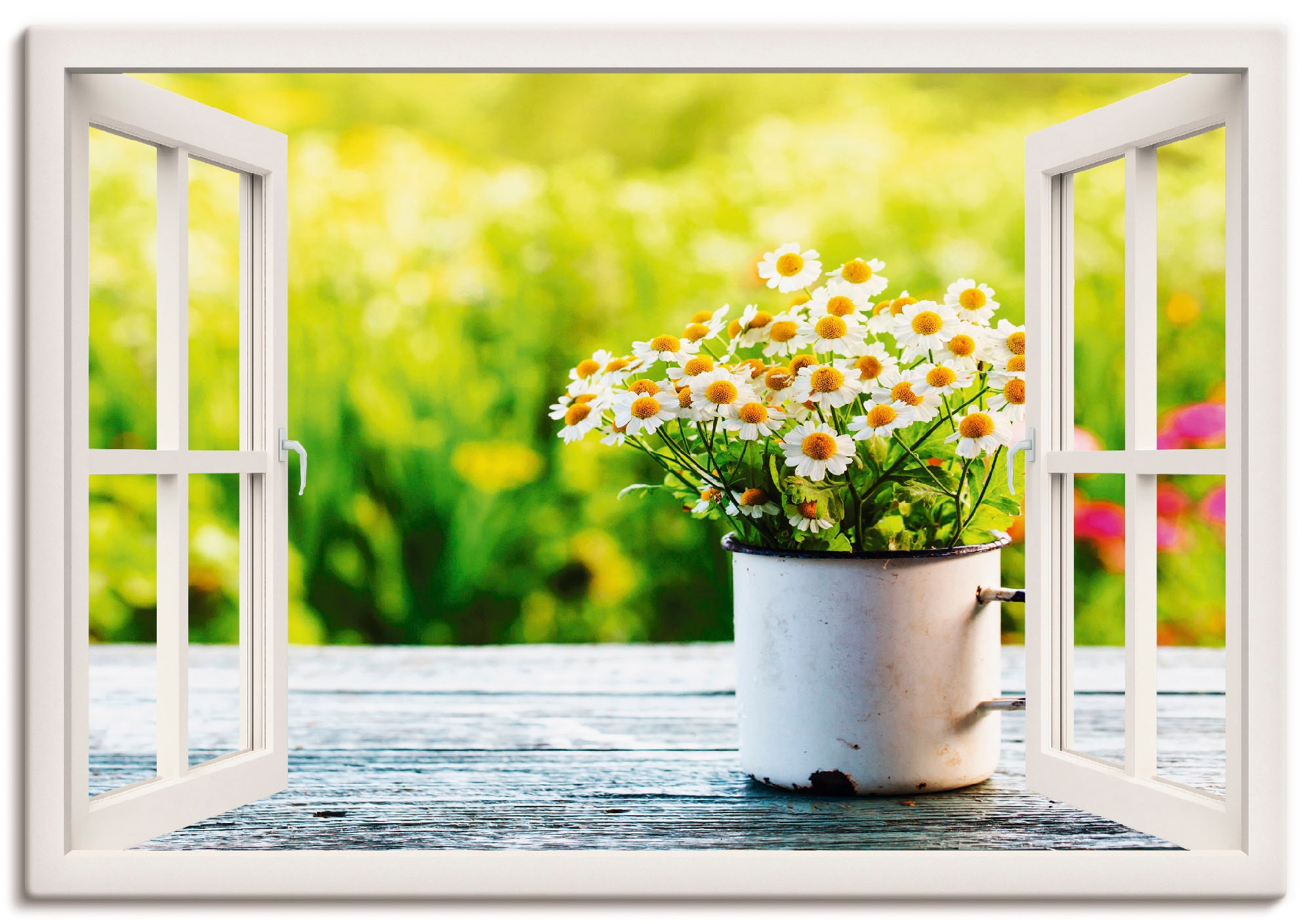 Artland Wandbild »Fensterblick Garten mit Poster Alubild, versch. | oder Wandaufkleber bestellen Jelmoli-Versand als Blumen, Leinwandbild, (1 Grössen in Gänseblümchen«, St.), online