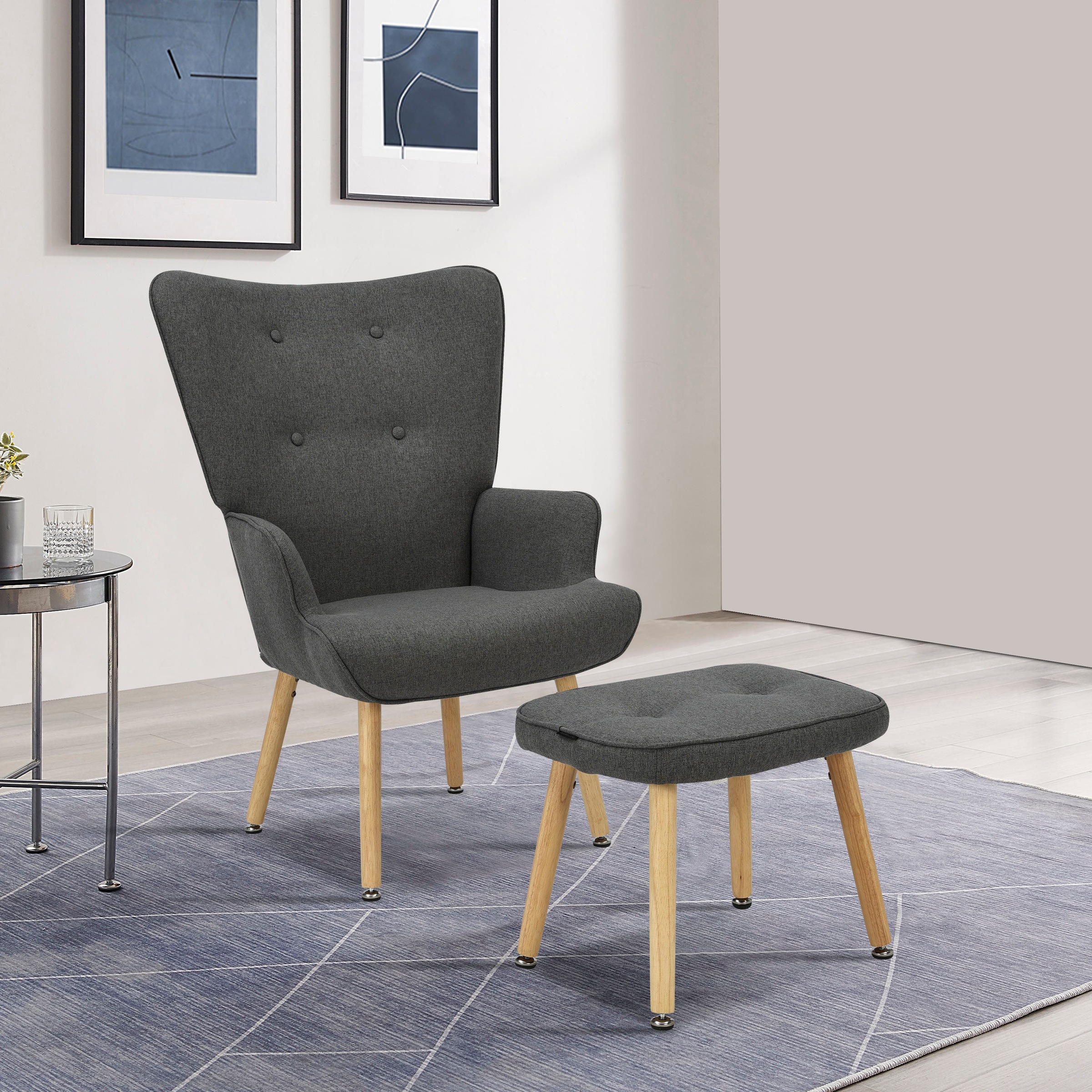 INOSIGN Ohrensessel »PERHAM, Sessel mit Hocker im Set, Knopfheftung, Massivholz-Füsse,«, komfortabler Relaxsessel und Sitz-Hocker mit Strukturbezug
