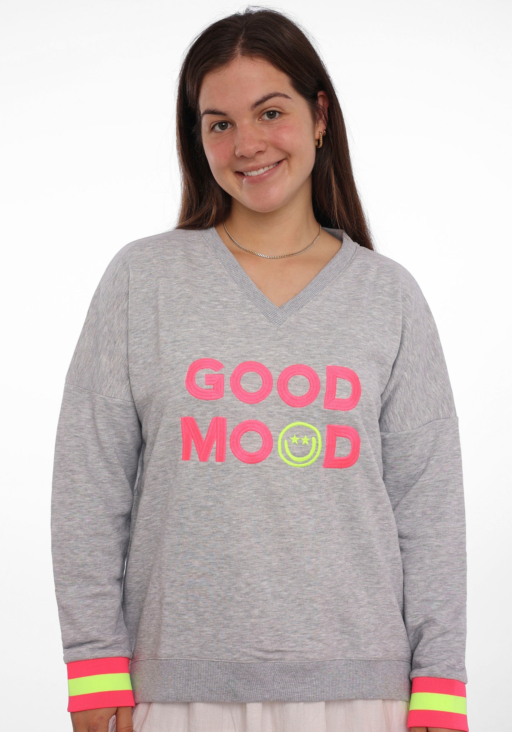 Sweatshirt, mit aufgesticktem Smiley und "Good Mood"-Schriftzug