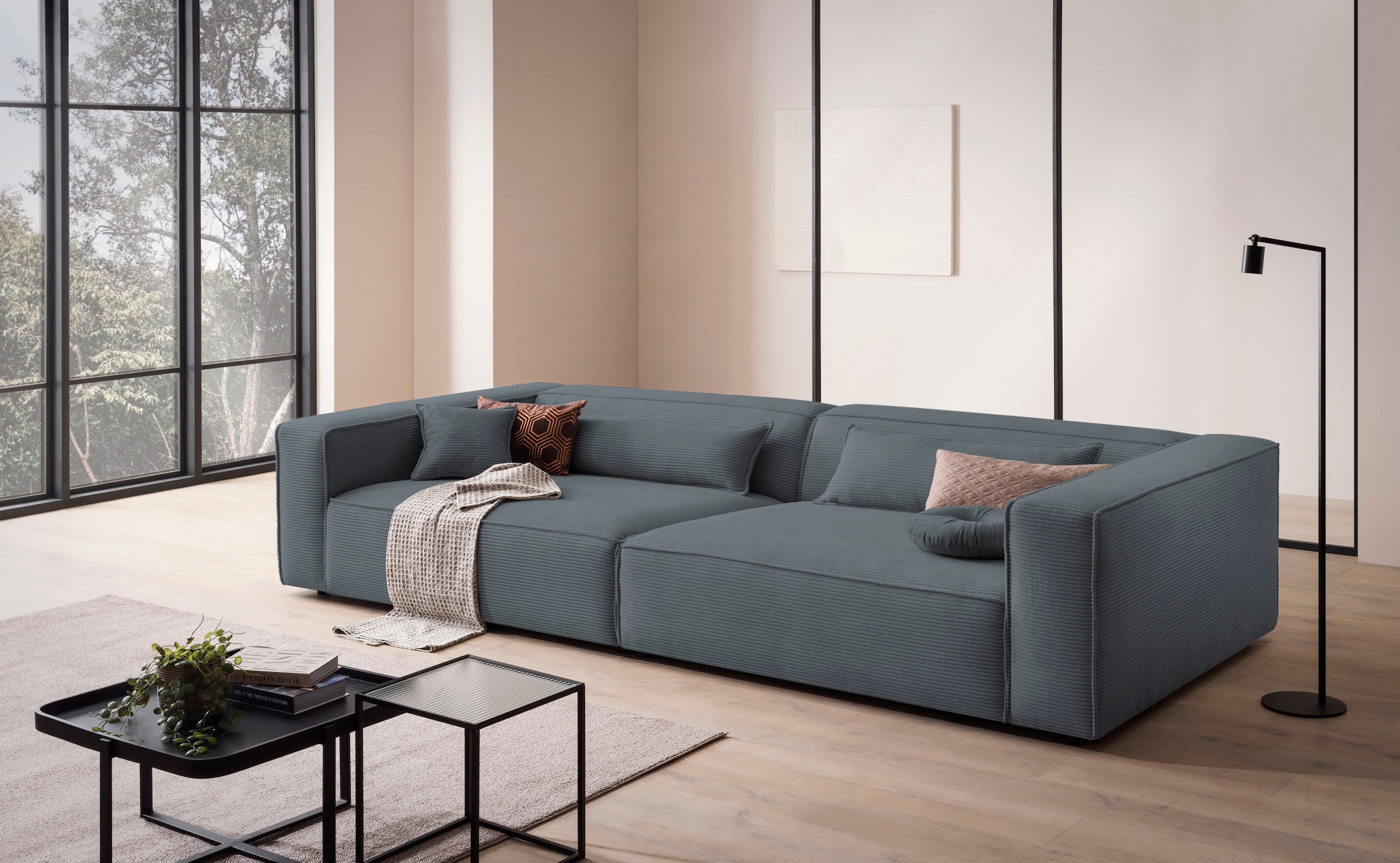 LeGer Home by Lena Gercke 3-Sitzer »PIARA, XXL Sofa mit Kedernaht, Big-Sofa in Cord oder Leinenoptik«, schwarze Füsse, bequemer Sitzkomfort, extra tiefe Sitzfläche