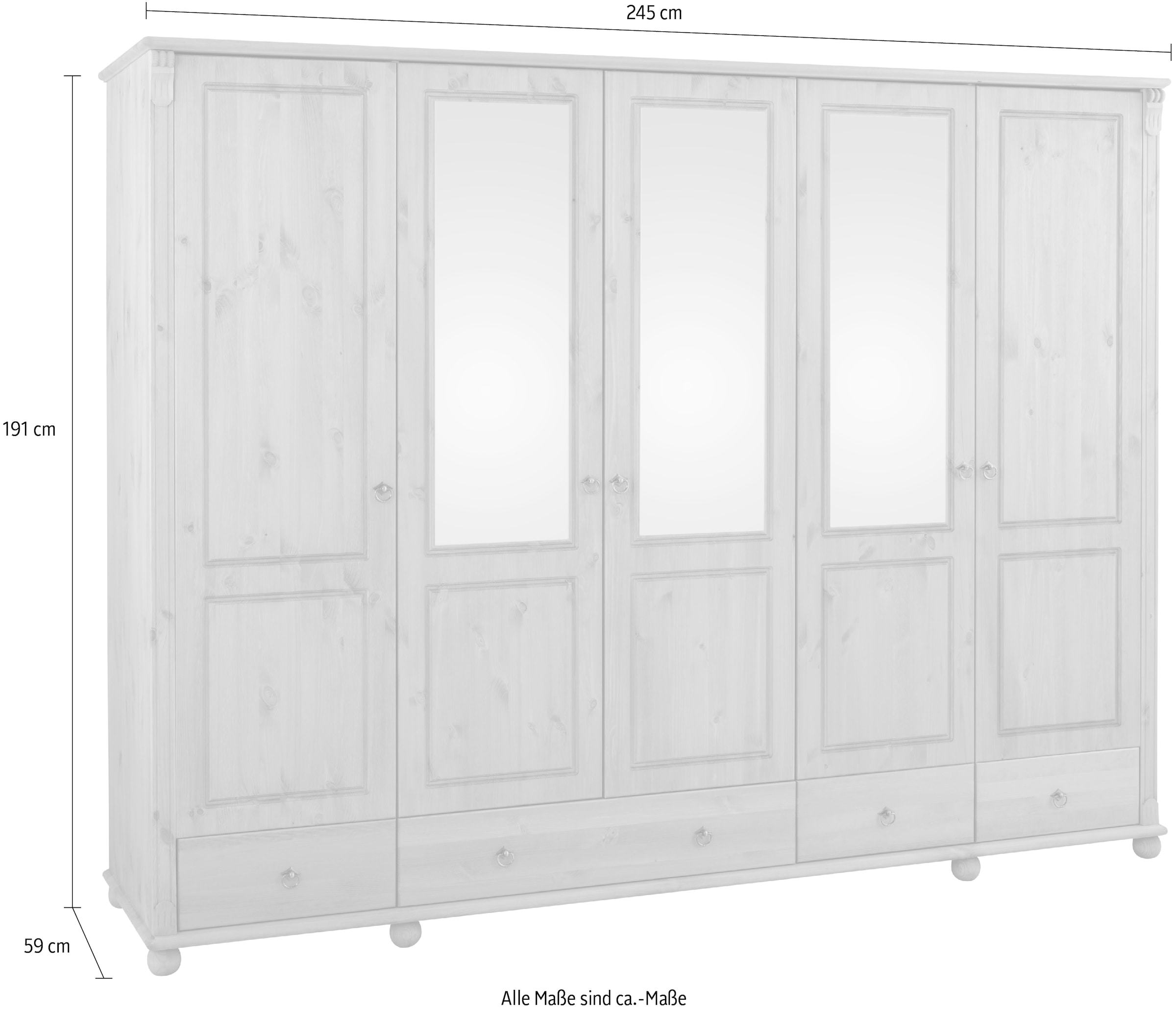 Home affaire Kleiderschrank »Tessin«, (B/H/T ca. 245/191/59 cm), Breite 245 cm, Kiefer massiv, mit Spiegel