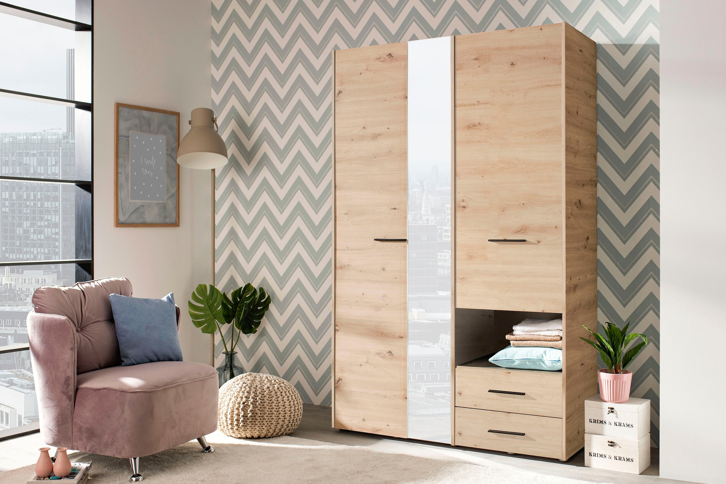 INOSIGN Kleiderschrank »Leon, FSC® -zertifiziertem Holzwerkstoff« mit Spiegel, Innenausstattung und 2 Schubladen, 127,5x55x205,5cm