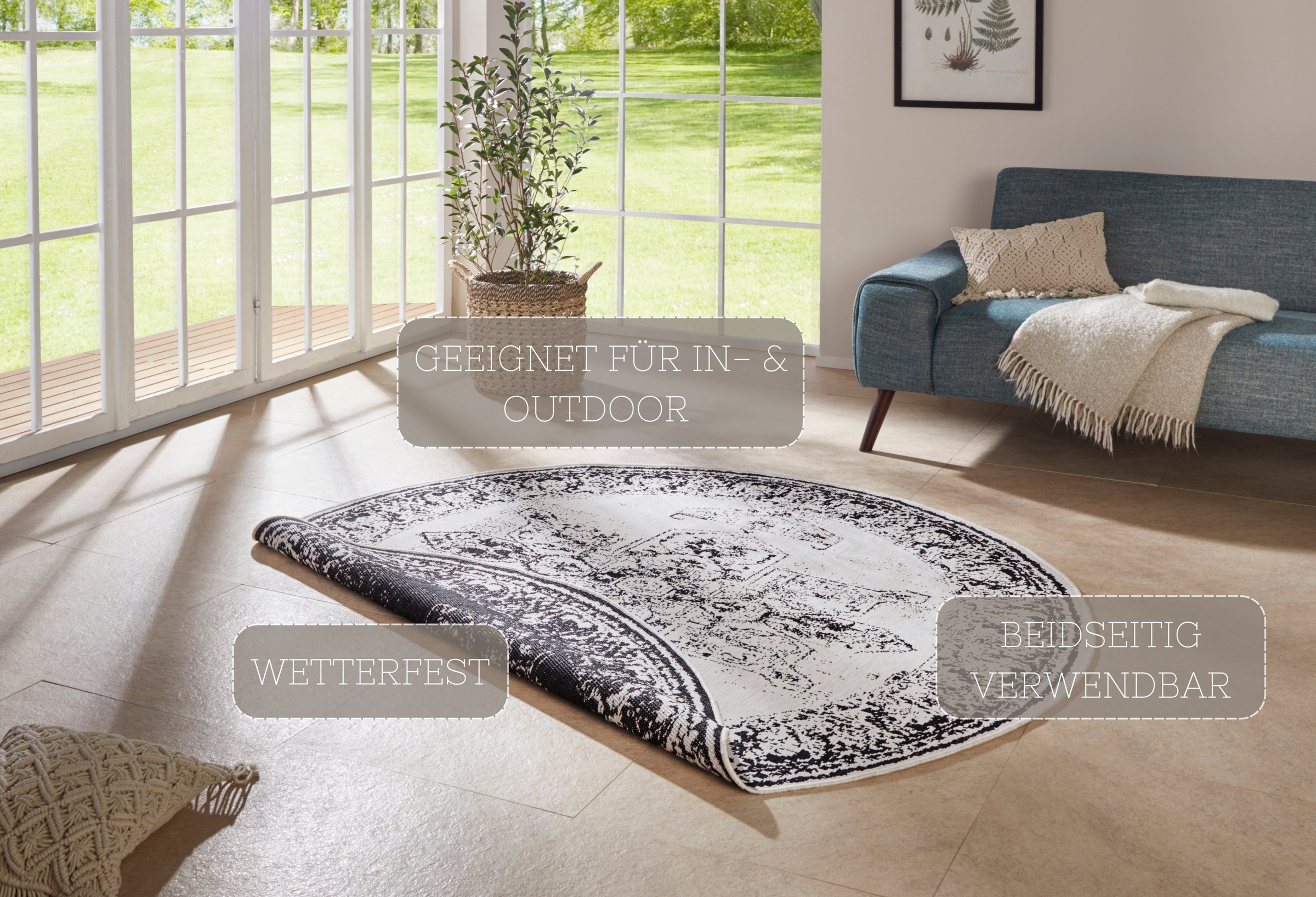 HANSE Home Teppich »Borbon Wendeteppich«, rund, 5 mm Höhe, In-& Outdoor, Wetterfest, Balkon, Garten, Wohnzimmer, Wasserfest
