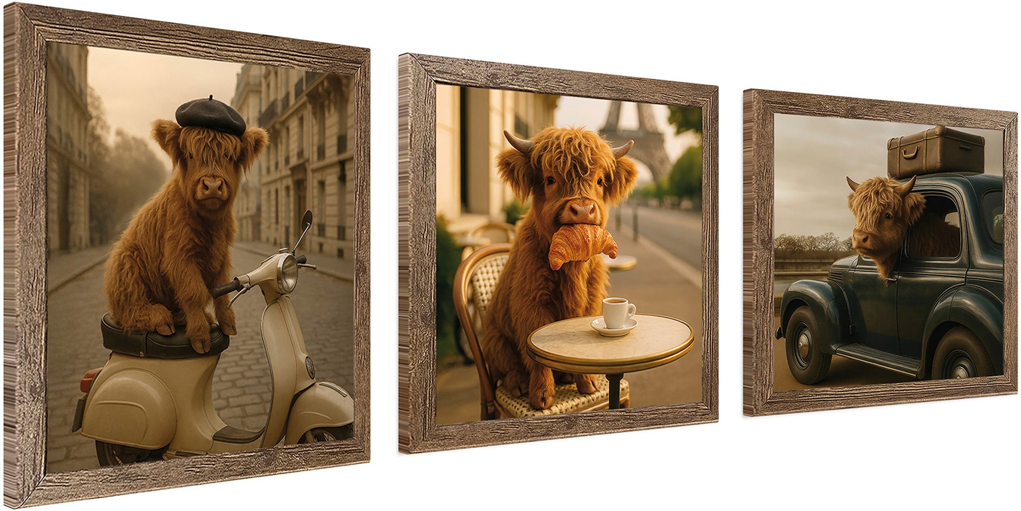 Bönninghoff Bild mit Rahmen "3er-Set gerahmte Bilder HOCHLANDRIND PARIS 3x23x23 cm – Deko" Hochlandrind  Kuh  Paris mehrteiliges Bilder-Set, harmonisch aufeinander abgestimmt
