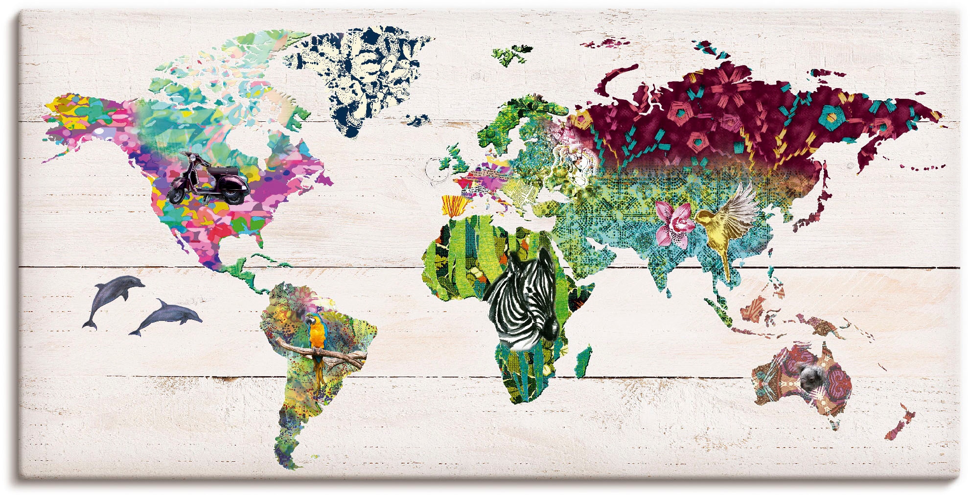Artland Wandbild »Bunte Welt auf hölzernem Untergrund«, Landkarten, (1 St.), als Leinwandbild, Poster in verschied. Grössen