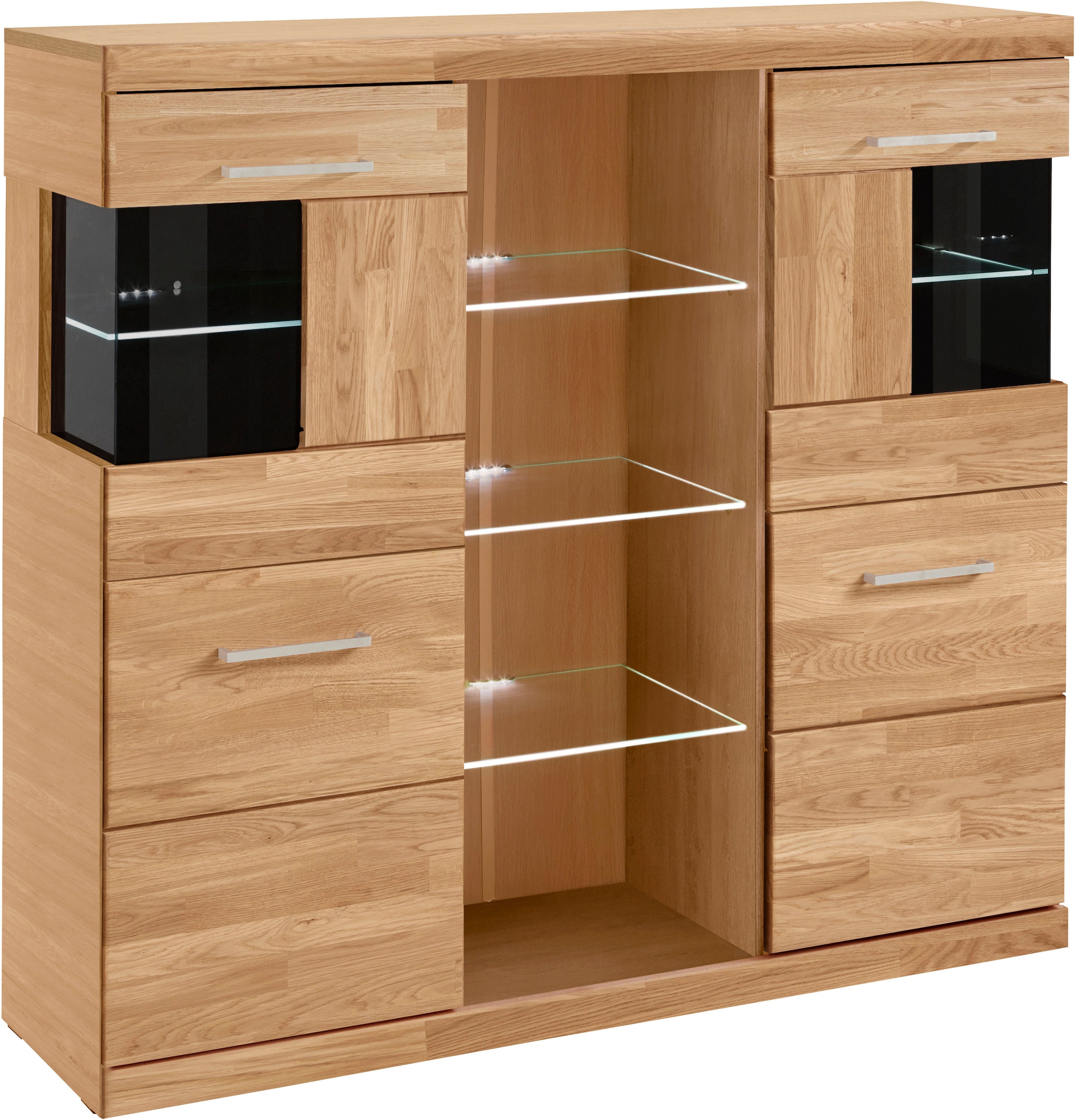 Home affaire Highboard »Ribe,120cm breit,112cm hoch, Fronten Massivholz,12 Fächer«, Holz massiv, Holzwerkstoff, Metall Griffe,2Türen mit Glaseinsatz