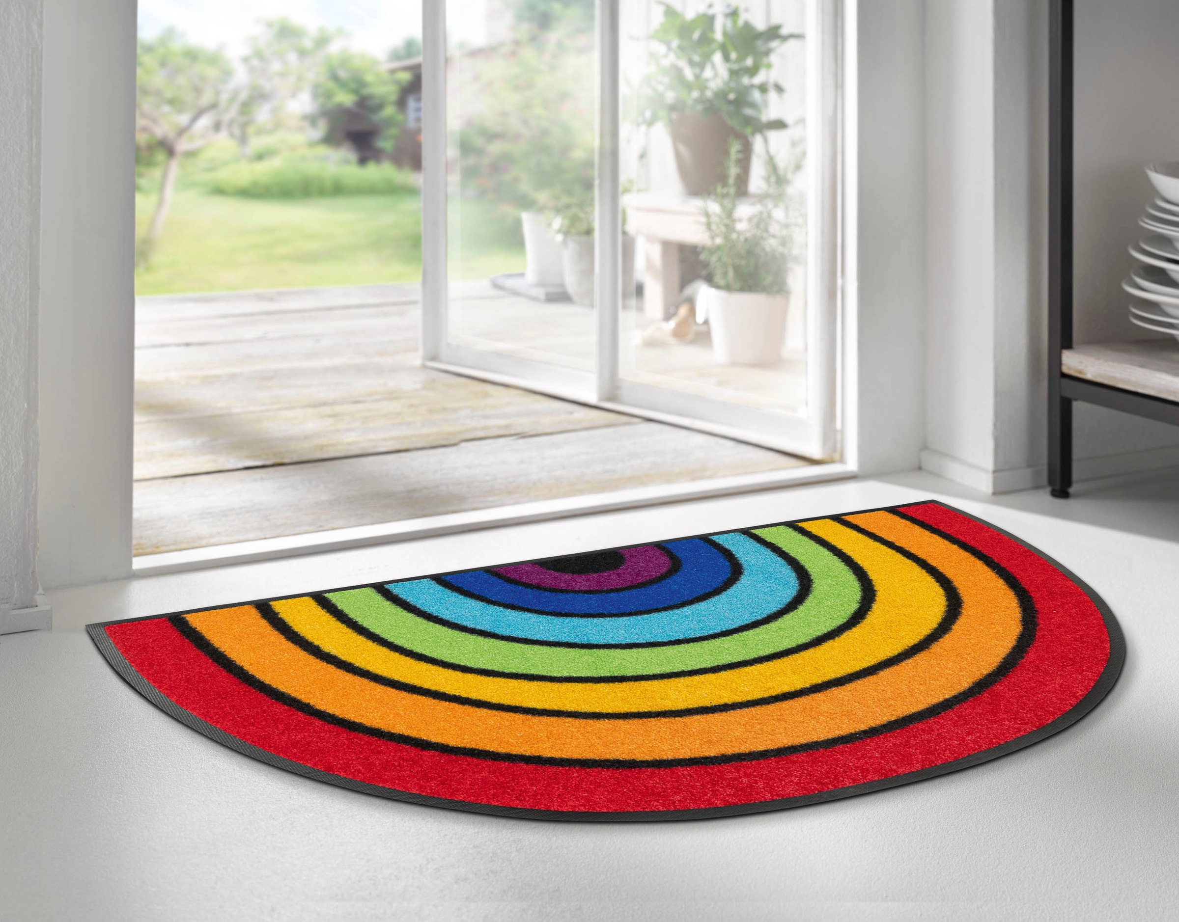wash+dry by Kleen-Tex Fußmatte "Round Rainbow" halbrund 7 mm Höhe Schmutzfangmatte, Motiv Regenbogen, In- und Outdoor geeignet, waschbar