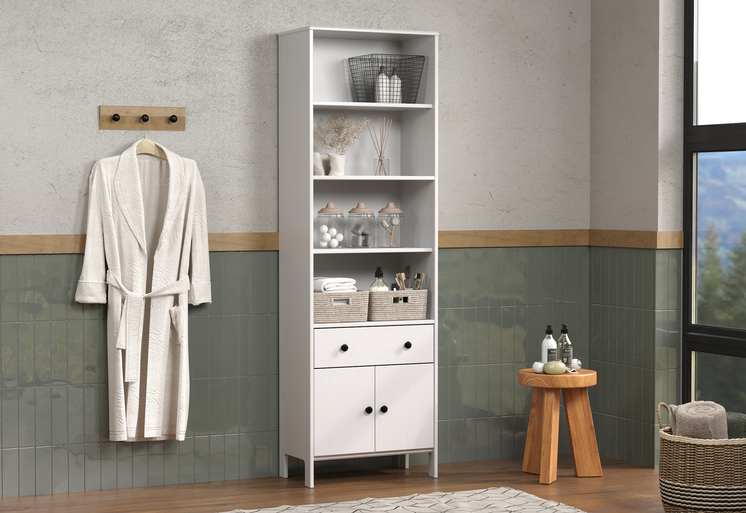 welltime Hochschrank »Kall«, (1 St.), Badezimmerschrank aus Kiefer-Massivholz - Masse (B/T/H) 60/33/188 cm