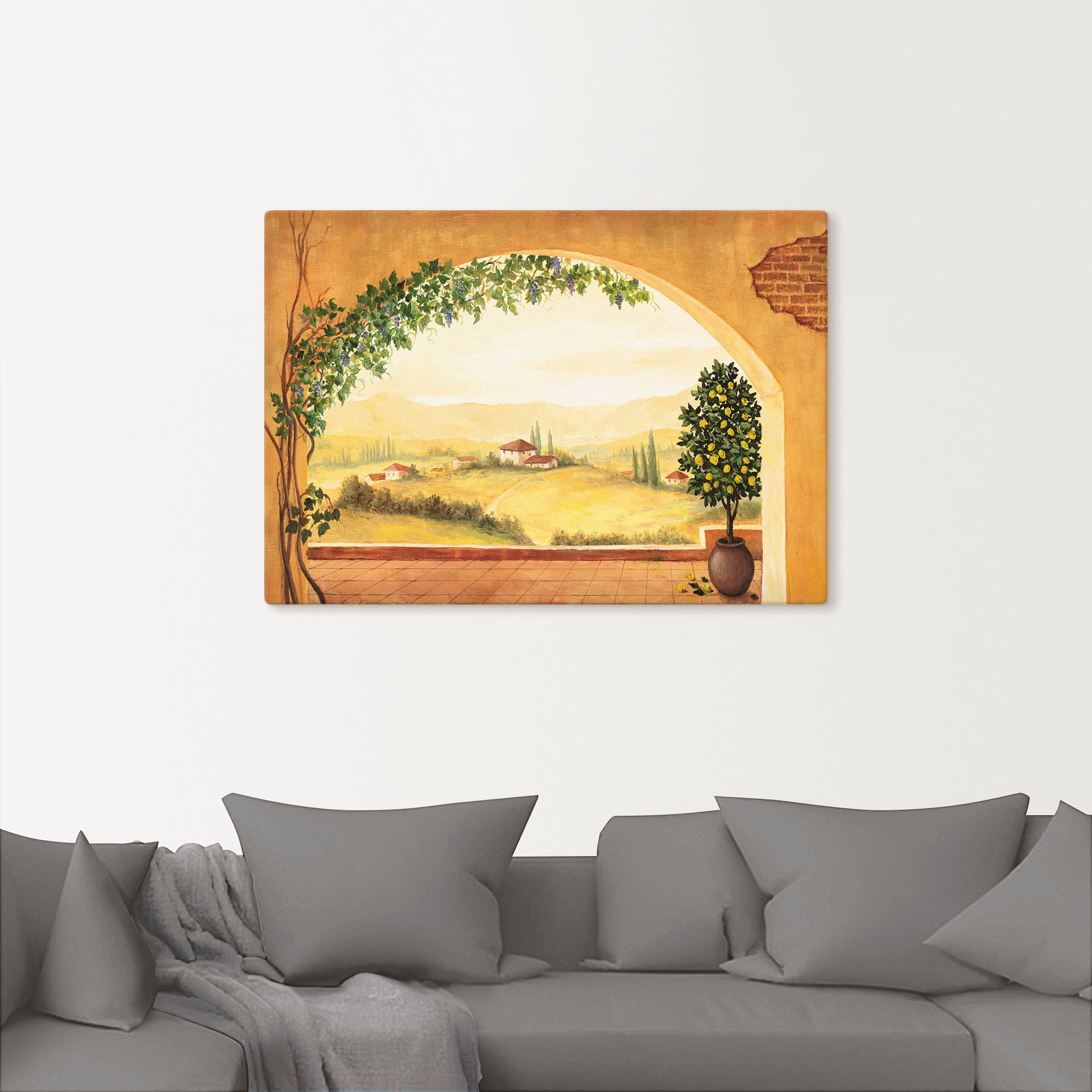 Artland Wandbild »Weinranken vor der Toskanalandschaft«, Fensterblick, (1 St.), als Leinwandbild, Poster in verschied. Grössen