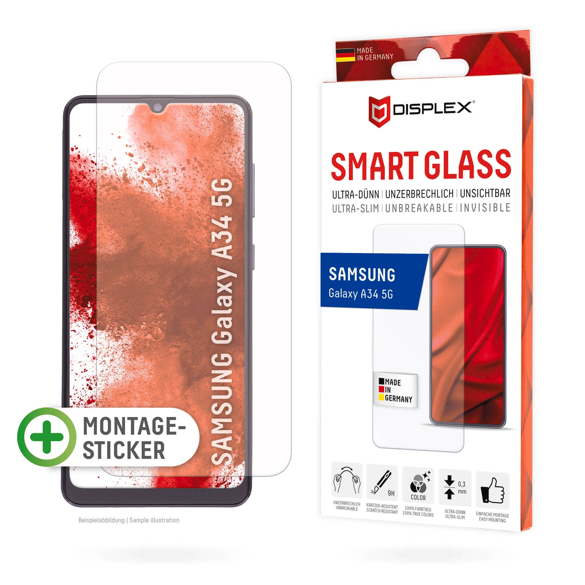 Displex Displayschutzglas »Smart Glass« für Galaxy A34 5G Displayschutzfolie Displayschutz kratzer-resistent 9H unzerbrechlich
