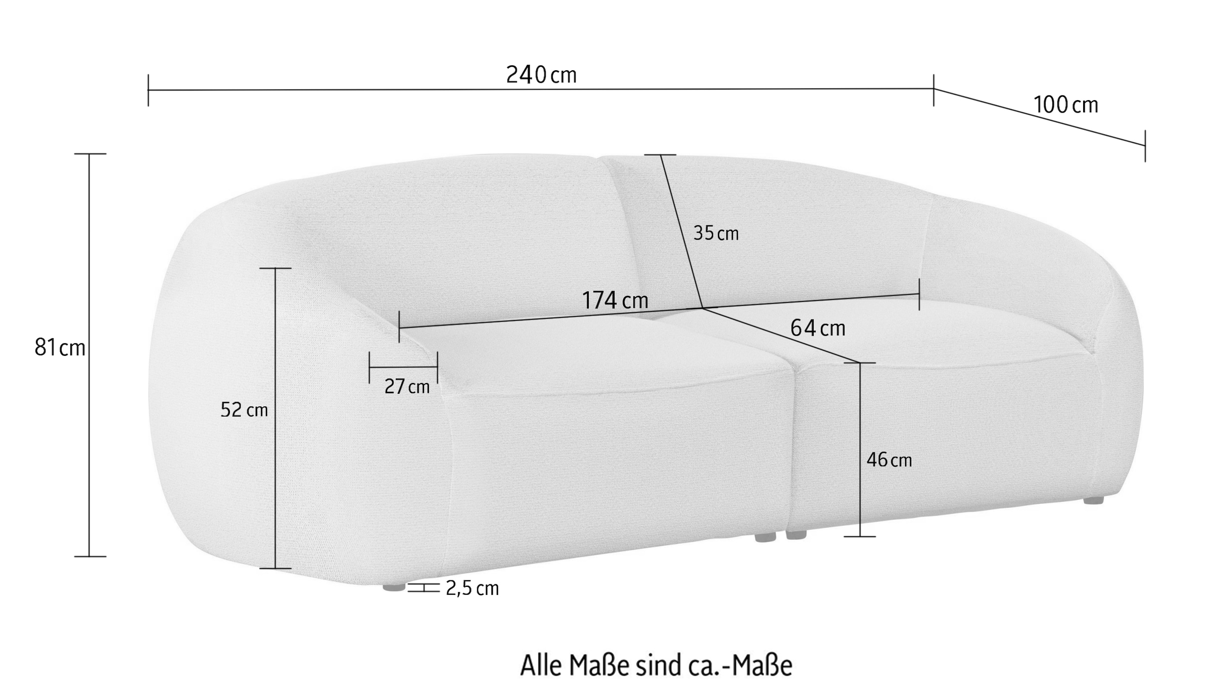 LeGer Home by Lena Gercke Big-Sofa »YANI, Designersofa, organische Form, Masse B/T/H: 240/64/81 cm«, mit Wellenunterfederung, auch in Bouclé, passend zur Serie