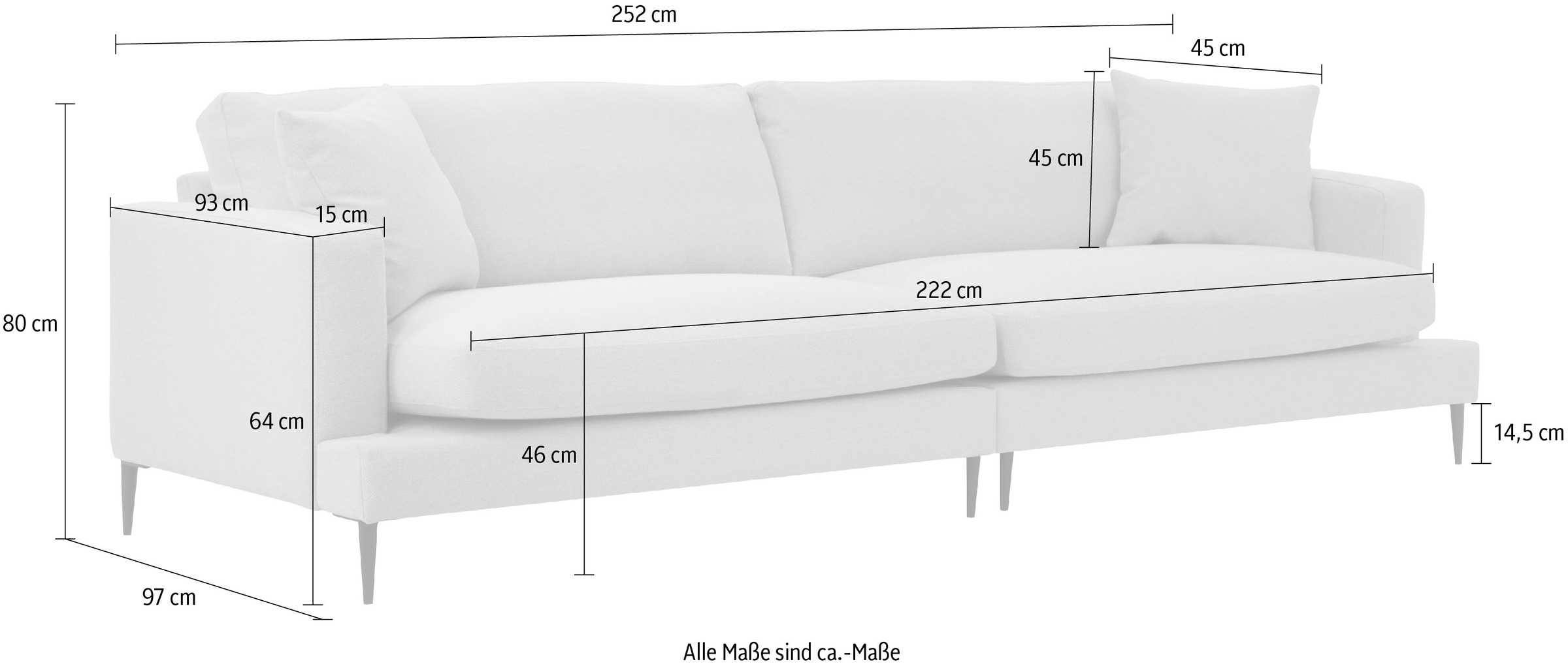 Leonique Big-Sofa »Cozy elegantes Designsofa, Masse B/T/H: 252/97/80 cm«, mit losen Kissen und Metallbeinen