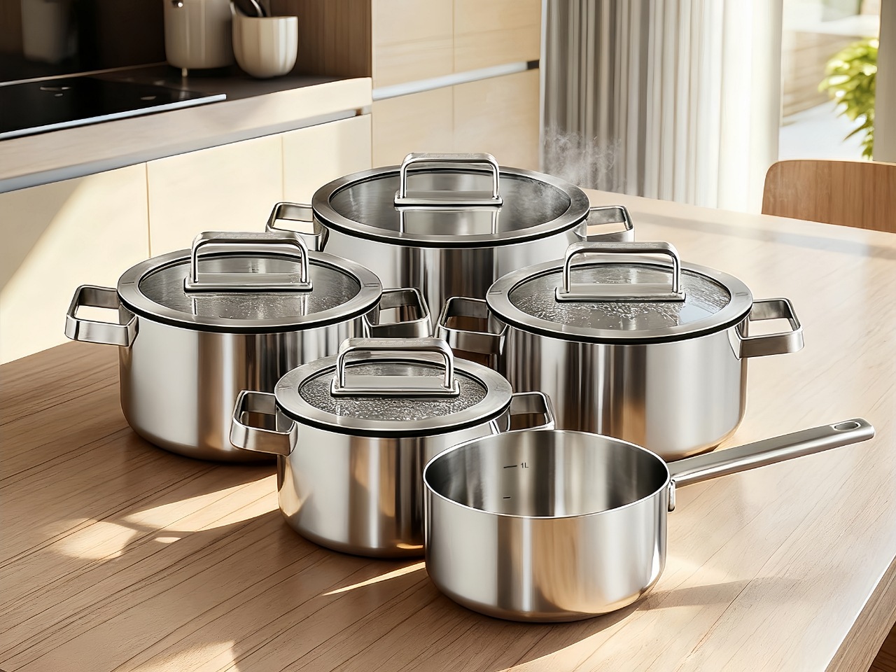 Hanseatic Topf-Set »PREMIUM«, Edelstahl, (Set, 9 tlg., Kochtopf 1x 16 cm / 2x 20 cm / 1x 24 cm, Stielkasserolle 16 cm), handfreundliche Griffe, Literskala, Glasdeckel, Induktion