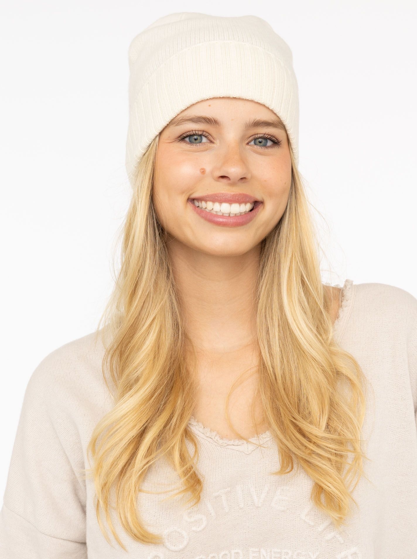 Zwillingsherz Beanie Feinripp, breiter Umschlag, Wolle