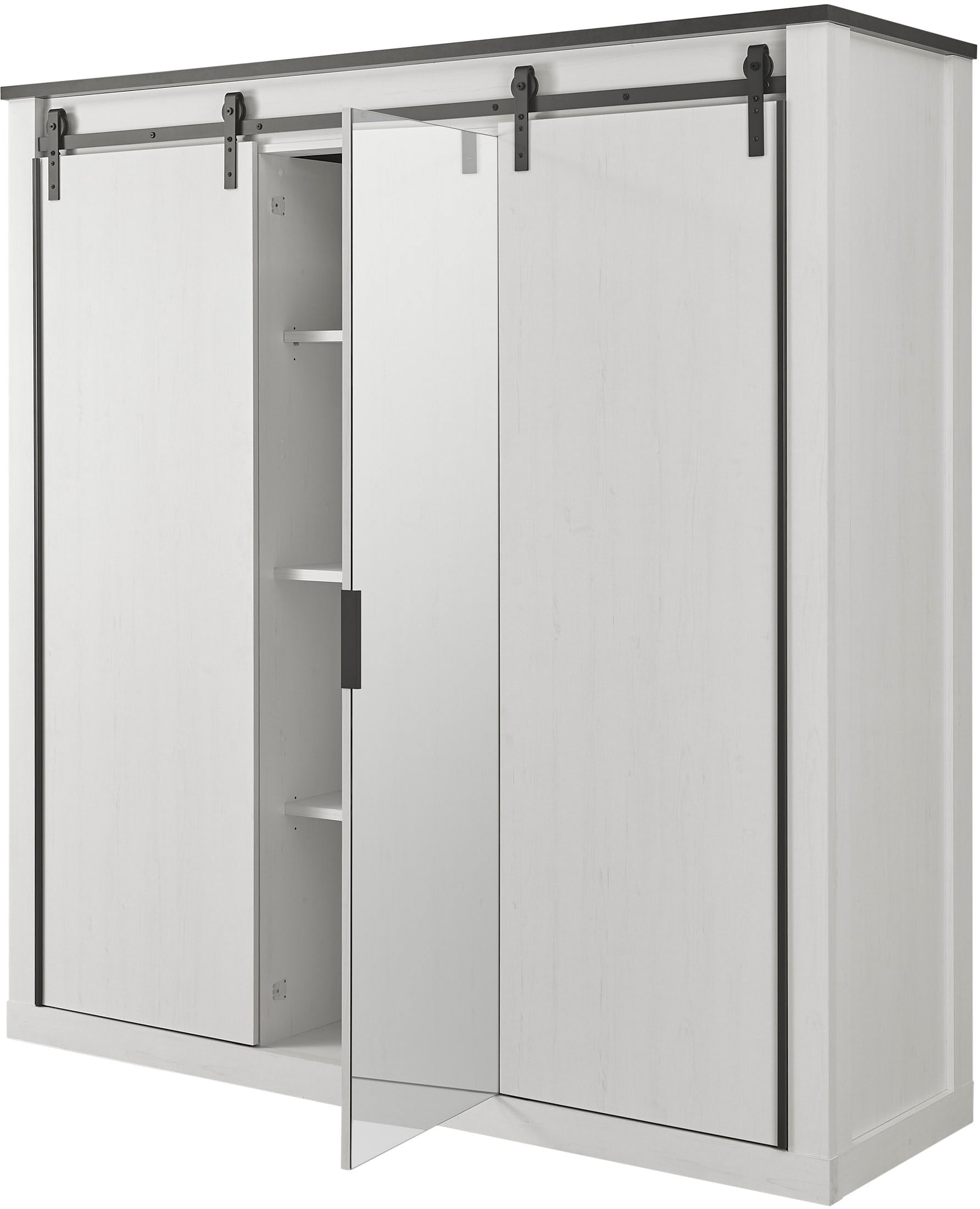 Home affaire Kleiderschrank »SHERWOOD Schlafzimmerschrank mit Spiegel Wäscheschrank«, Schiebetüren mit Scheunentorbeschlag aus Metall, B/T/H 201/63/209cm