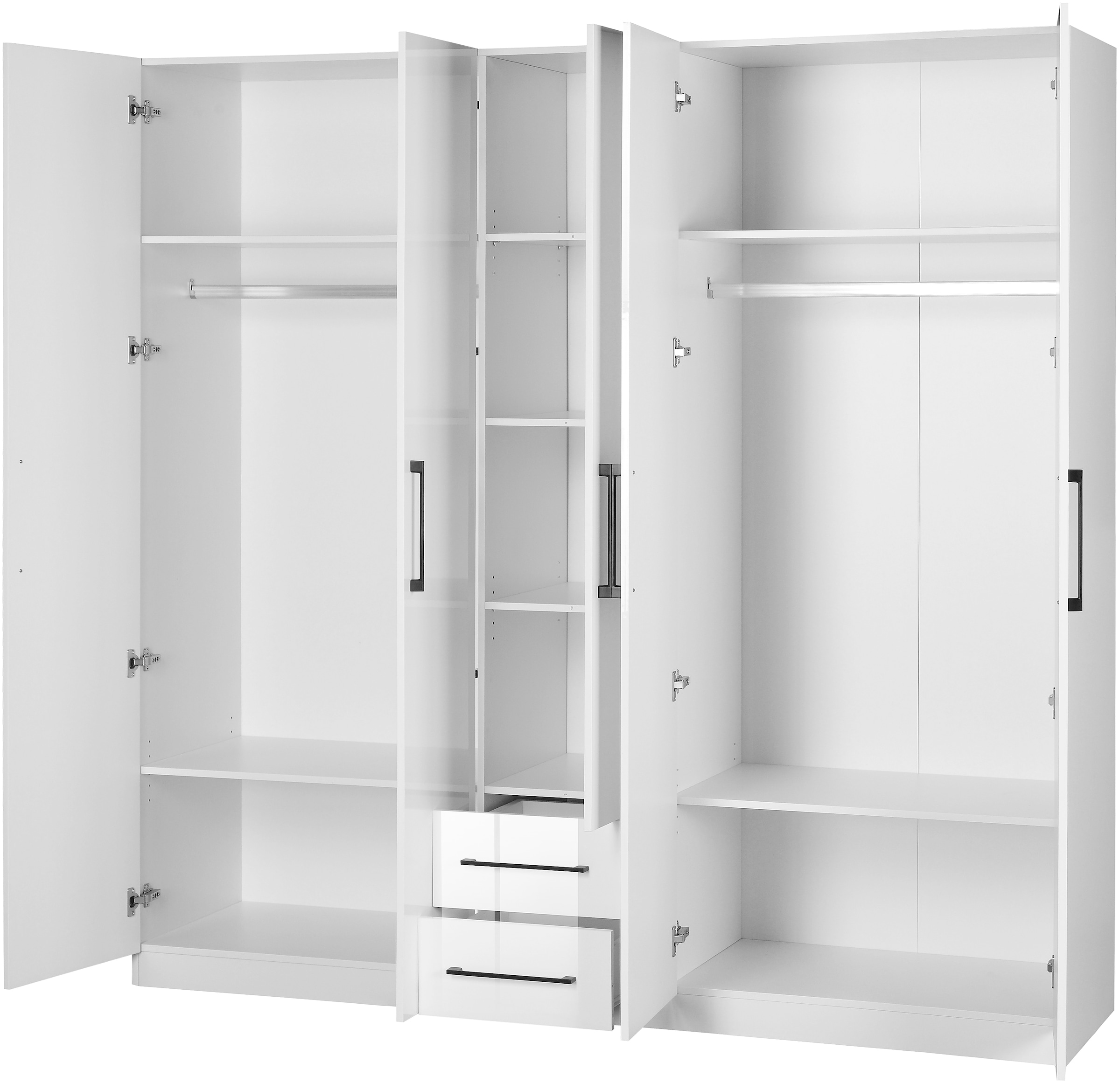 INOSIGN Kleiderschrank »Sylt Schlafzimmerschrank Garderobe Schrank TOPSELLER in hochglanz weiss«, (5 Türen, 2 Schubladen, schwarze moderne Griffe, 7 Einlegeböden), Drehtürenschrank mit perfekter Innenausstattung, Breite 200cm